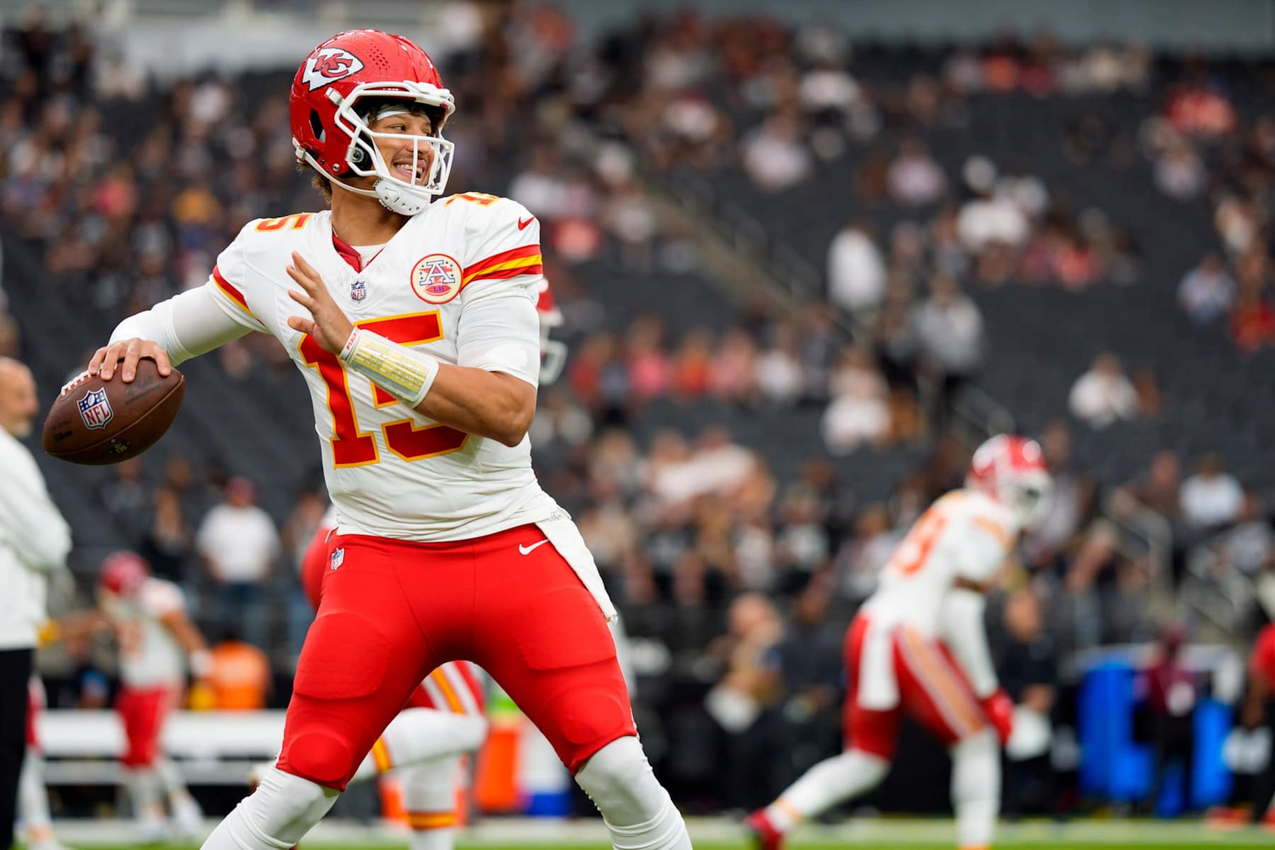 LAS VEGAS, NEVADA - OCTOBER 27: Quarterback Patrick Mahomes #15 of the Kansas City Chiefs warms up prior to an NFL football game against the Las Vegas Raiders, at Allegiant Stadium on October 27, 2024 in Las Vegas, Nevada. (Photo by Brooke Sutton/Getty Images)