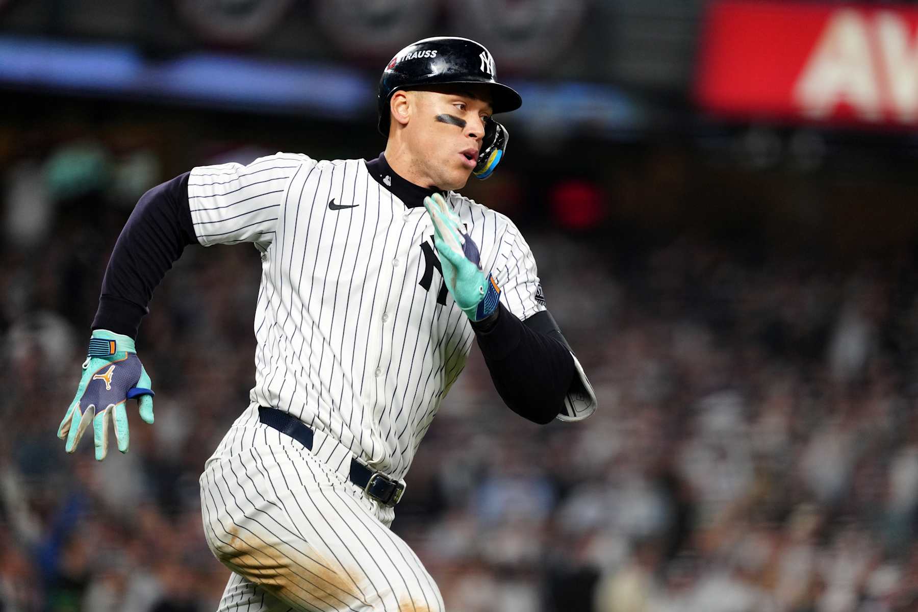 NEW YORK, NY - OCTOBER 30:  Aaron Judge #99 of the New York Yankees doubles in the eighth inning during Game 5 of the 2024 World Series presented by Capital One between the Los Angeles Dodgers and the New York Yankees at Yankee Stadium on Wednesday, October 30, 2024 in New York, New York. (Photo by Mary DeCicco/MLB Photos via Getty Images)
