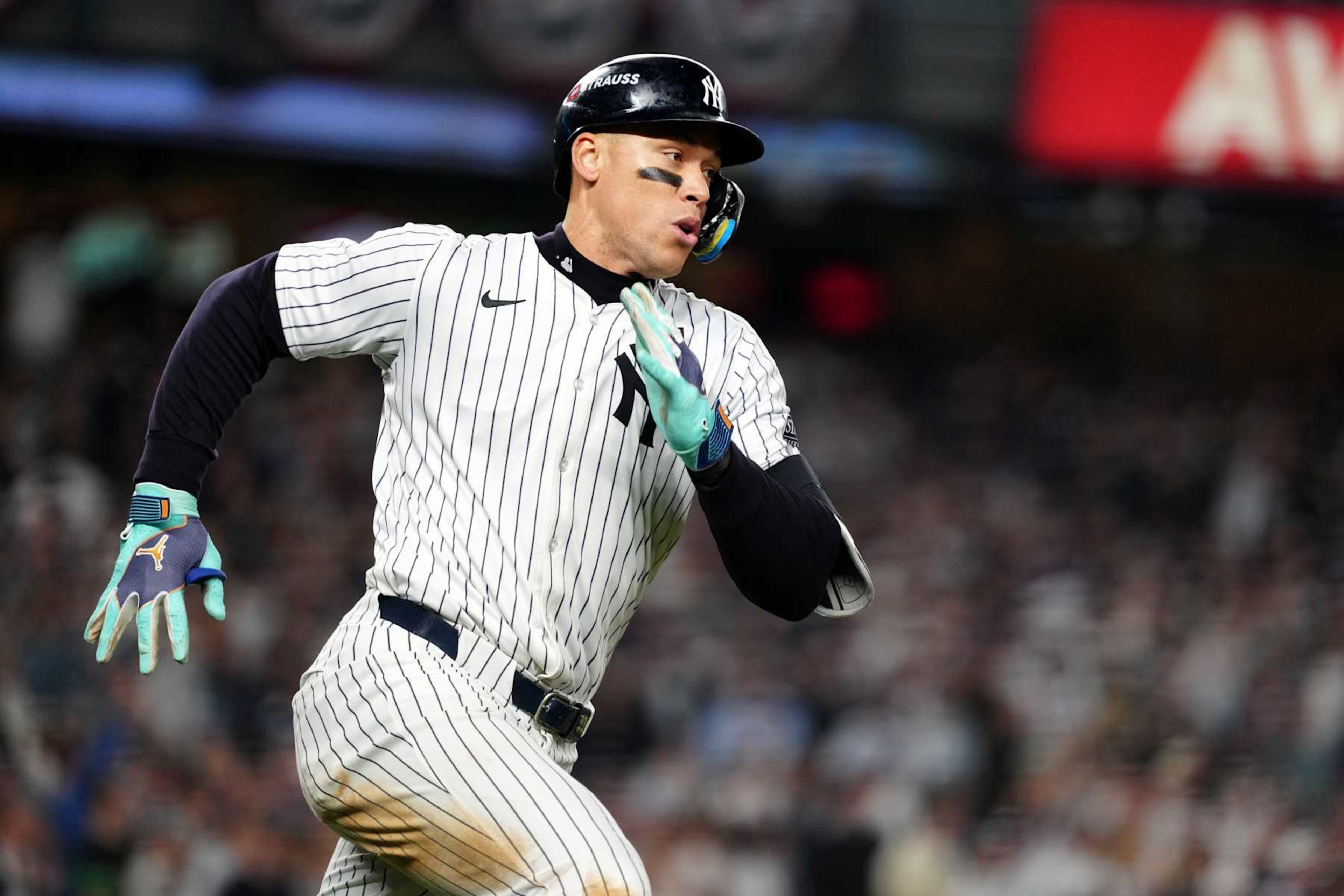 NEW YORK, NY - OCTOBER 30: Aaron Judge #99 of the New York Yankees doubles in the eighth inning during Game 5 of the 2024 World Series presented by Capital One between the Los Angeles Dodgers and the New York Yankees at Yankee Stadium on Wednesday, October 30, 2024 in New York, New York. (Photo by Mary DeCicco/MLB Photos via Getty Images) NEW YORK, NY - OCTOBER 30: Aaron Judge #99 of the New York Yankees doubles in the eighth inning during Game 5 of the 2024 World Series presented by Capital One between the Los Angeles Dodgers and the New York Yankees at Yankee Stadium on Wednesday, October 30, 2024 in New York, New York. (Photo by Mary DeCicco/MLB Photos via Getty Images)