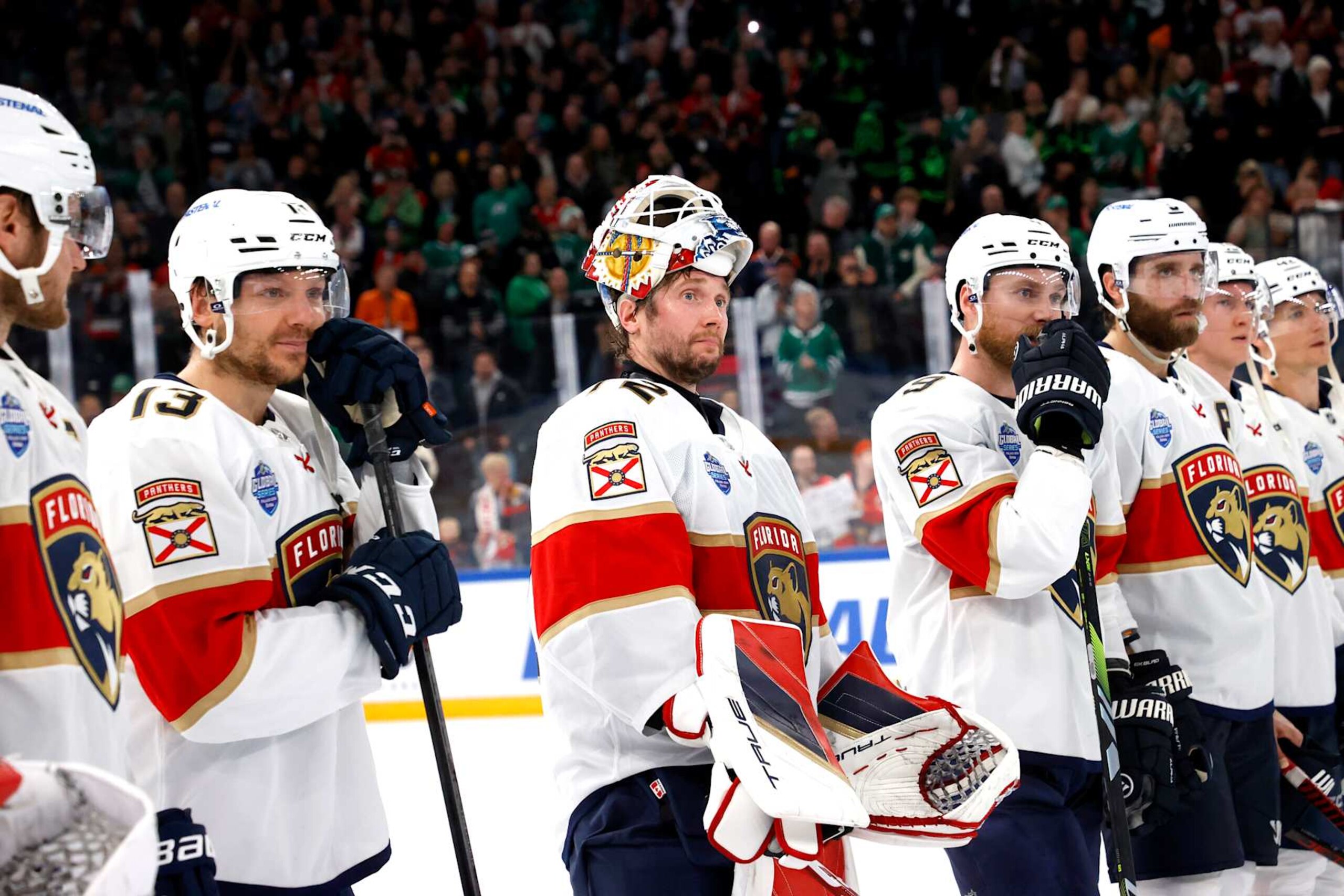 TAMPERE, FINLAND - NOVEMBER 01: Goaltender Sergei Bobrovsky #72 of the Florida Panthers stands on the ice after the 2024 NHL Global Series Finland game between the Florida Panthers and the Dallas Stars at Nokia Arena on November 01, 2024 in Tampere, Finland. The Panthers won 6-4. (Photo by Eliot J. Schechter/NHLI via Getty Images)