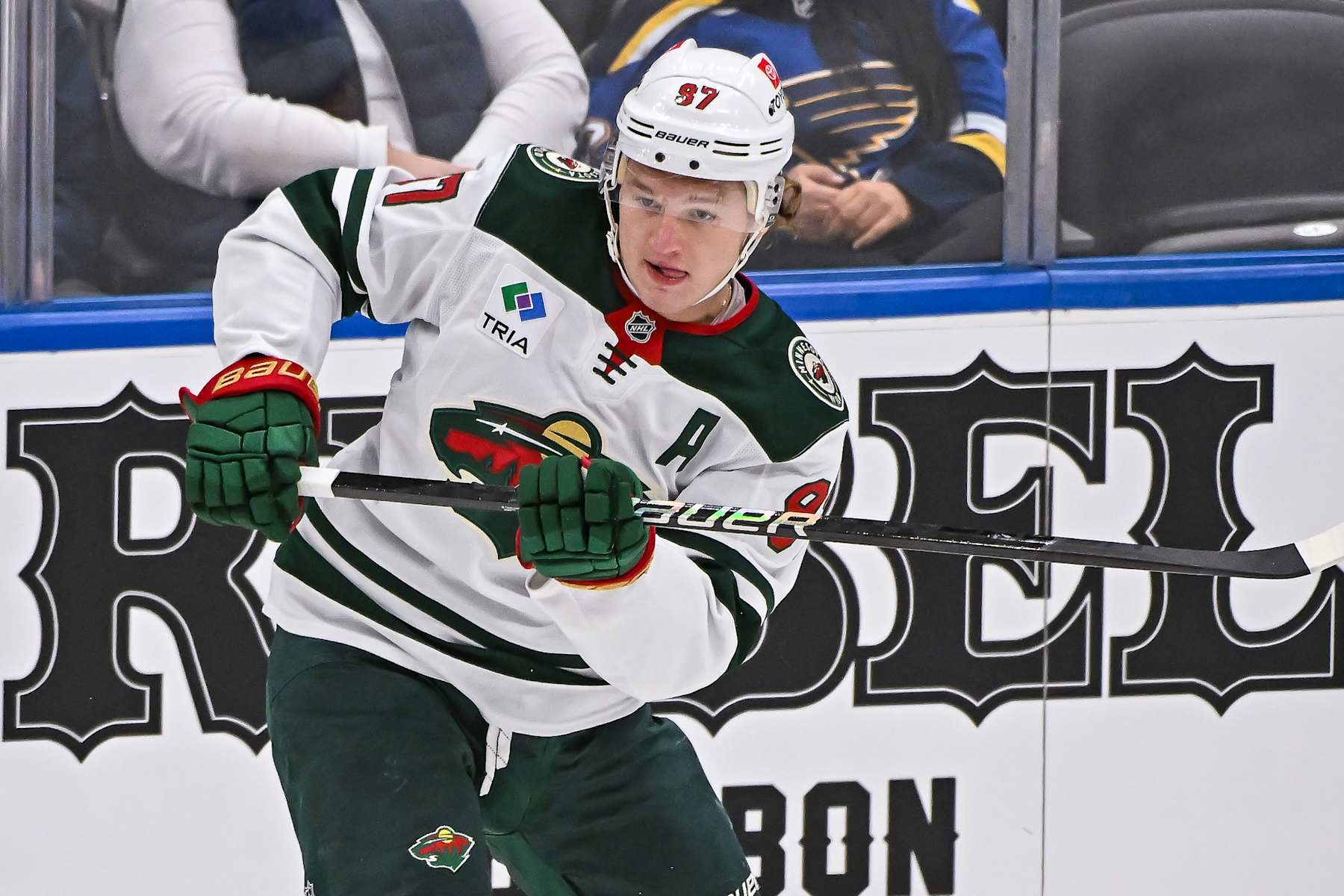 ST. LOUIS, MO - OCTOBER 15: Minnesota Wild left wing Kirill Kaprizov (97) during the St. Louis Blues home opener against the Minnesota Wild on Tuesday October 15, 2024, at the Enterprise Center in St. Louis MO (Photo by Rick Ulreich/Icon Sportswire via Getty Images) ST. LOUIS, MO - OCTOBER 15: Minnesota Wild left wing Kirill Kaprizov (97) during the St. Louis Blues home opener against the Minnesota Wild on Tuesday October 15, 2024, at the Enterprise Center in St. Louis MO (Photo by Rick Ulreich/Icon Sportswire via Getty Images)