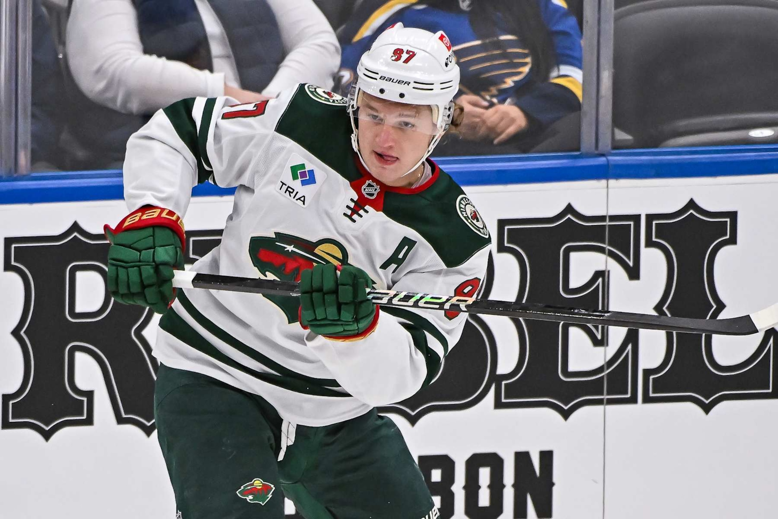 ST. LOUIS, MO - OCTOBER 15:  Minnesota Wild left wing Kirill Kaprizov (97) during the St. Louis Blues home opener against the Minnesota Wild on Tuesday October 15, 2024, at the Enterprise Center in St. Louis MO (Photo by Rick Ulreich/Icon Sportswire via Getty Images)