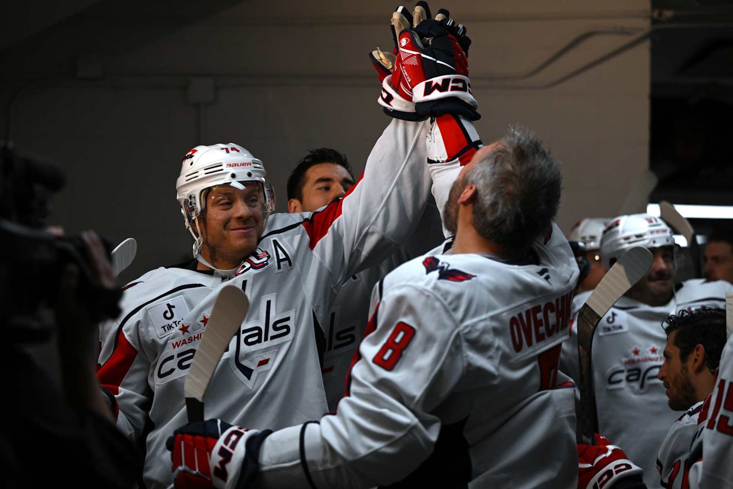 RALEIGH, NC - NOVEMBER 03:  Washington Capitals Defenceman John Carlson (74) and Washington Capitals Left Wing Alex Ovechkin (8) participate in warm up rituals prior to the NHL game between the Washington Capitals and the Carolina Hurricanes on November 3, 2024 at Lenovo Center in Raleigh, North Carolina. (Photo by Katherine Gawlik/Icon Sportswire via Getty Images)