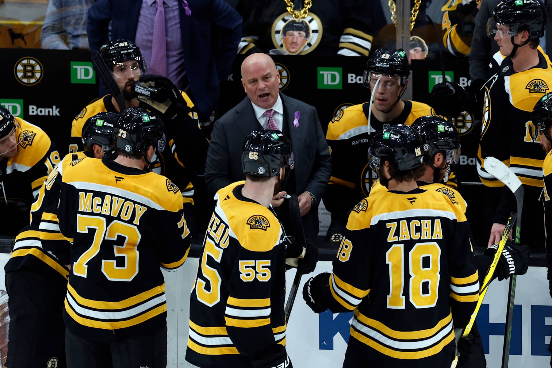 Boston, MA - October 29: Boston Bruins head coach Jim Montgomery talks during a timeout in the third period at TD Garden. (Photo by Danielle Parhizkaran/The Boston Globe via Getty Images) Boston, MA - October 29: Boston Bruins head coach Jim Montgomery talks during a timeout in the third period at TD Garden. (Photo by Danielle Parhizkaran/The Boston Globe via Getty Images)