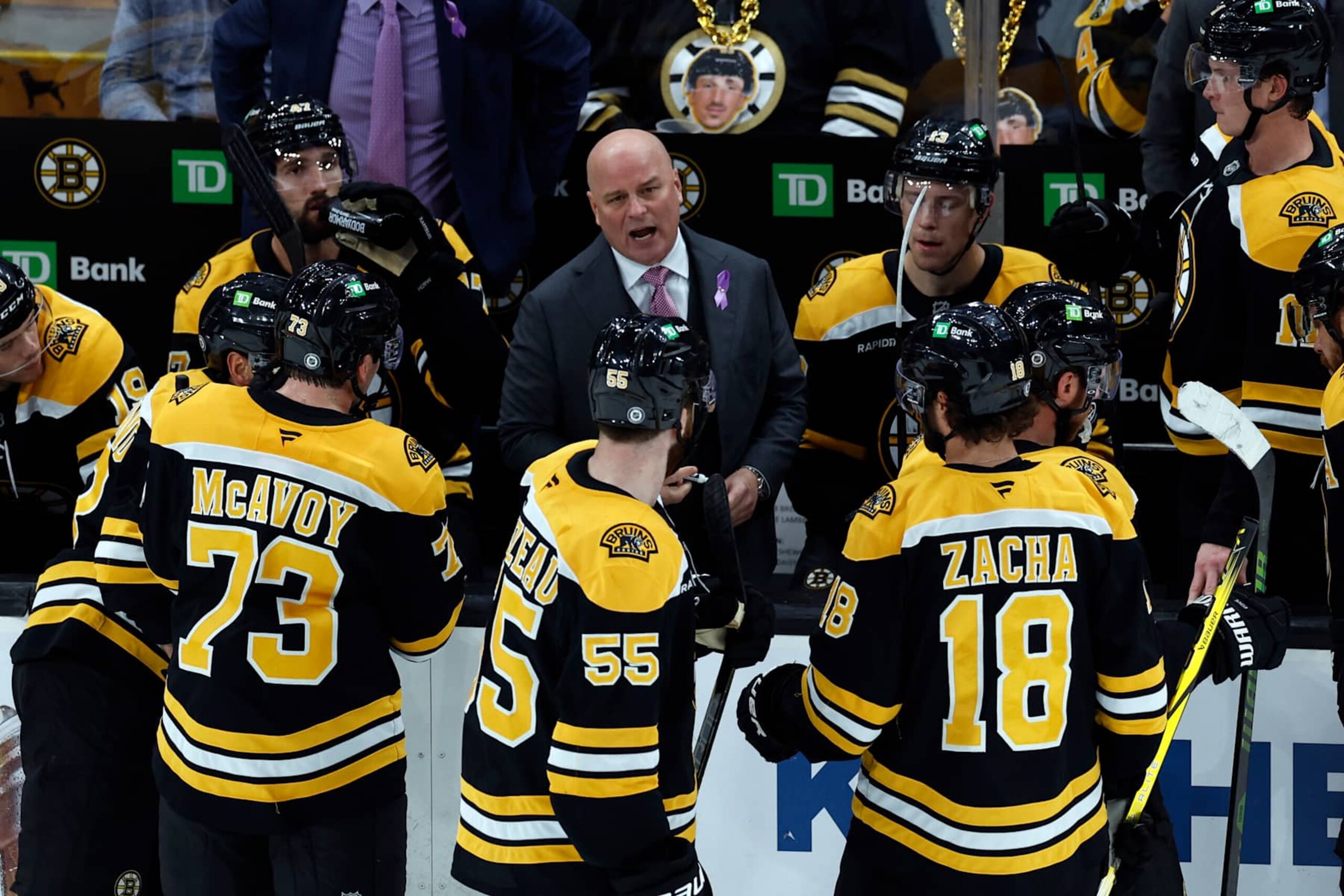 Boston, MA - October 29: Boston Bruins head coach Jim Montgomery talks during a timeout in the third period at TD Garden. (Photo by Danielle Parhizkaran/The Boston Globe via Getty Images)
