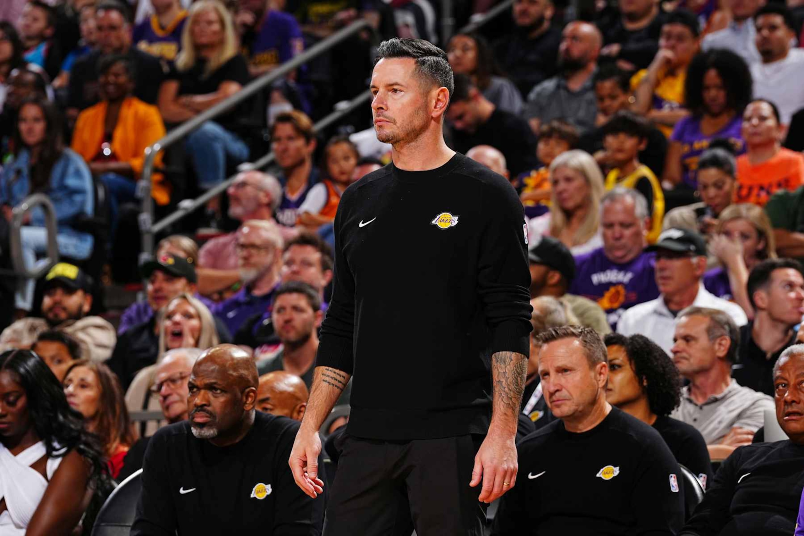PHOENIX, AZ - OCTOBER 28: Head Coach JJ Redick of the Los Angeles Lakers looks on during the game against the Phoenix Suns on October 28, 2024 at Footprint Center in Phoenix, Arizona. NOTE TO USER: User expressly acknowledges and agrees that, by downloading and or using this photograph, user is consenting to the terms and conditions of the Getty Images License Agreement. Mandatory Copyright Notice: Copyright 2024 NBAE (Photo by Kate Frese/NBAE via Getty Images)