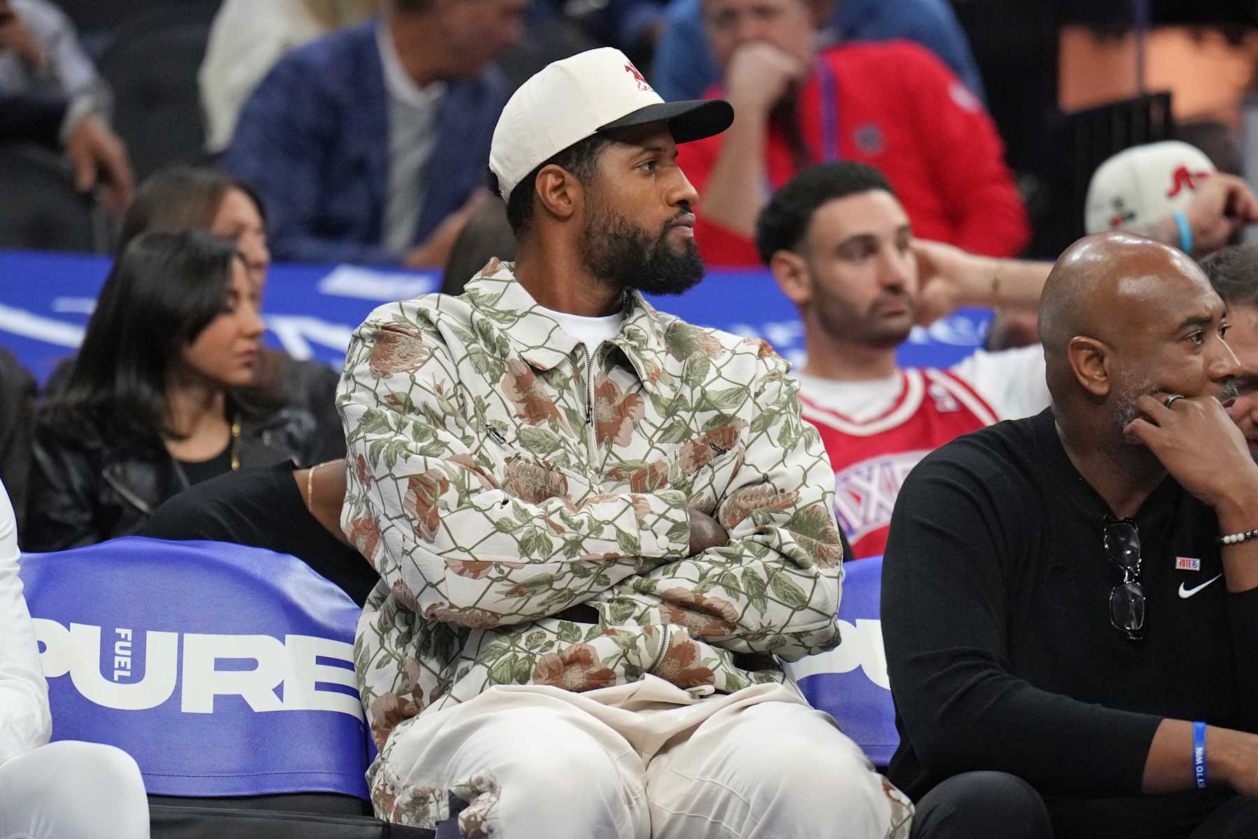 PHILADELPHIA, PA - NOVEMBER 2: Paul George #8 of the Philadelphia 76ers looks on during the game against the Memphis Grizzlies on November 2, 2024 at the Wells Fargo Center in Philadelphia, Pennsylvania NOTE TO USER: User expressly acknowledges and agrees that, by downloading and/or using this Photograph, user is consenting to the terms and conditions of the Getty Images License Agreement. Mandatory Copyright Notice: Copyright 2024 NBAE (Photo by Jesse D. Garrabrant/NBAE via Getty Images)