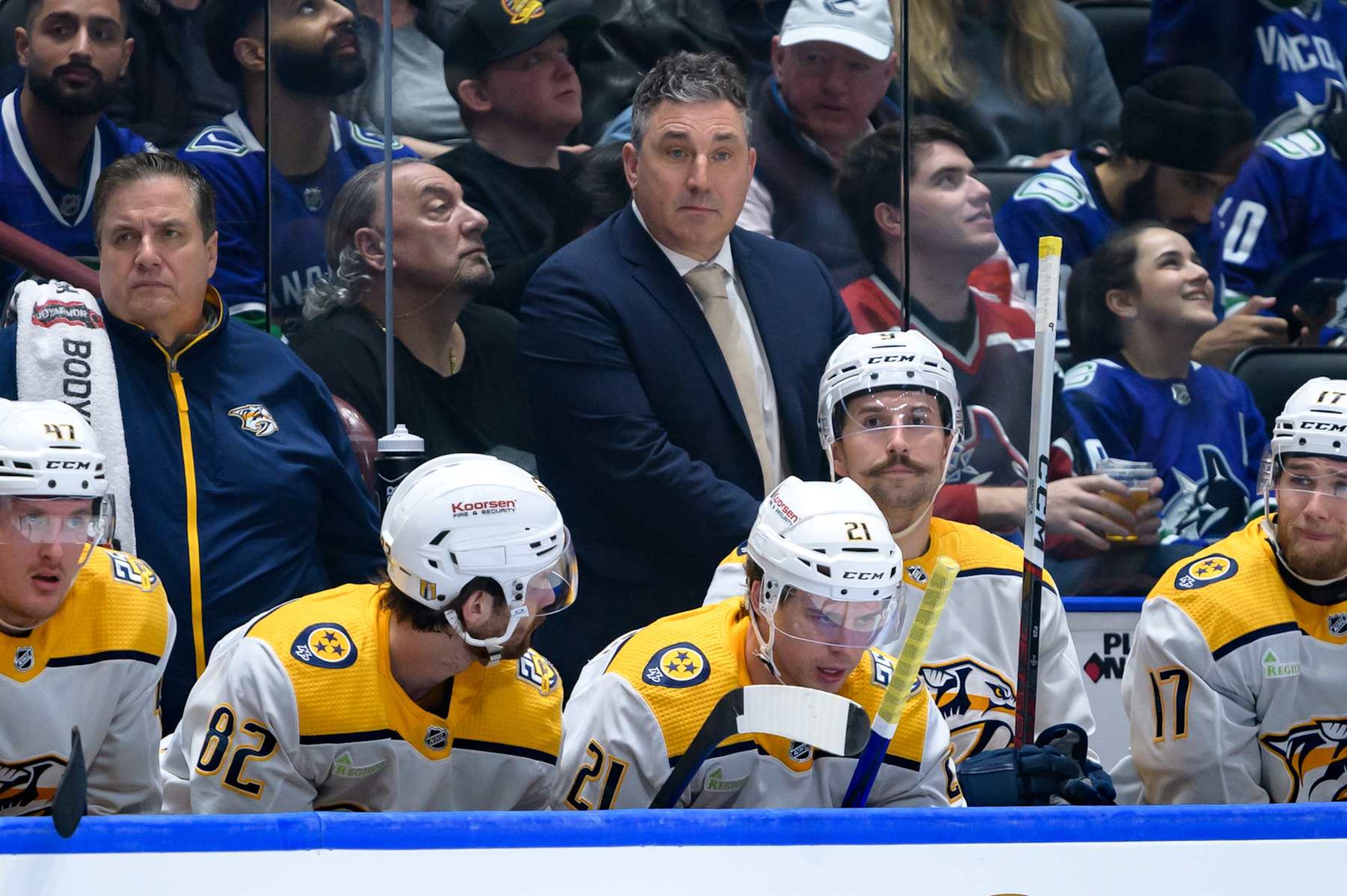 VANCOUVER, CANADA - APRIL 21: Andrew Brunette head coach of the Nashville Predators looks on from the bench during the second period in Game One of the First Round of the 2024 Stanley Cup Playoffs against Vancouver Canucks at Rogers Arena on April 21, 2024 in Vancouver, British Columbia, Canada. (Photo by Derek Cain/Getty Images) VANCOUVER, CANADA - APRIL 21: Andrew Brunette head coach of the Nashville Predators looks on from the bench during the second period in Game One of the First Round of the 2024 Stanley Cup Playoffs against Vancouver Canucks at Rogers Arena on April 21, 2024 in Vancouver, British Columbia, Canada. (Photo by Derek Cain/Getty Images)