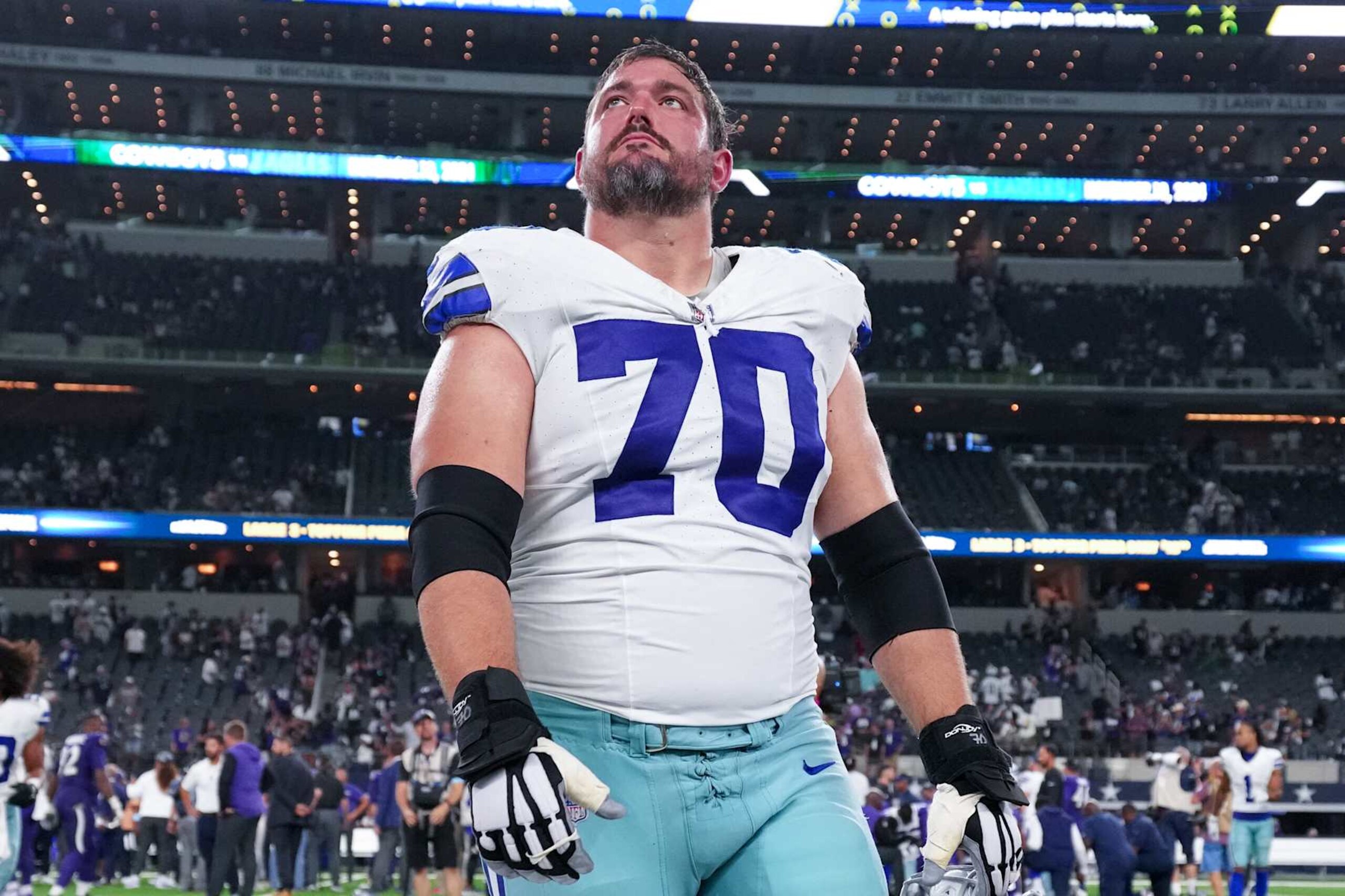 ARLINGTON, TEXAS - SEPTEMBER 22: Dallas Cowboys guard Zack Martin #70 walks off the field after the game against the Baltimore Ravens at AT&T Stadium on September 22, 2024 in Arlington, Texas. (Photo by Sam Hodde/Getty Images)