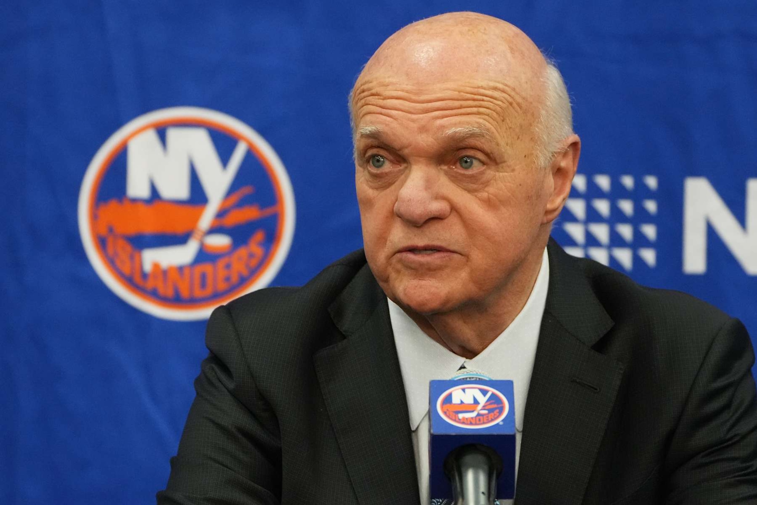 ELMONT, NEW YORK - NOVEMBER 25: General manager Lou Lamoriello of the New York Islanders speaks to the media prior to the game Philadelphia Flyers at UBS Arena on November 25, 2023 in Elmont, New York. (Photo by Mike Stobe/NHLI via Getty Images) ELMONT, NEW YORK - NOVEMBER 25: General manager Lou Lamoriello of the New York Islanders speaks to the media prior to the game Philadelphia Flyers at UBS Arena on November 25, 2023 in Elmont, New York. (Photo by Mike Stobe/NHLI via Getty Images)