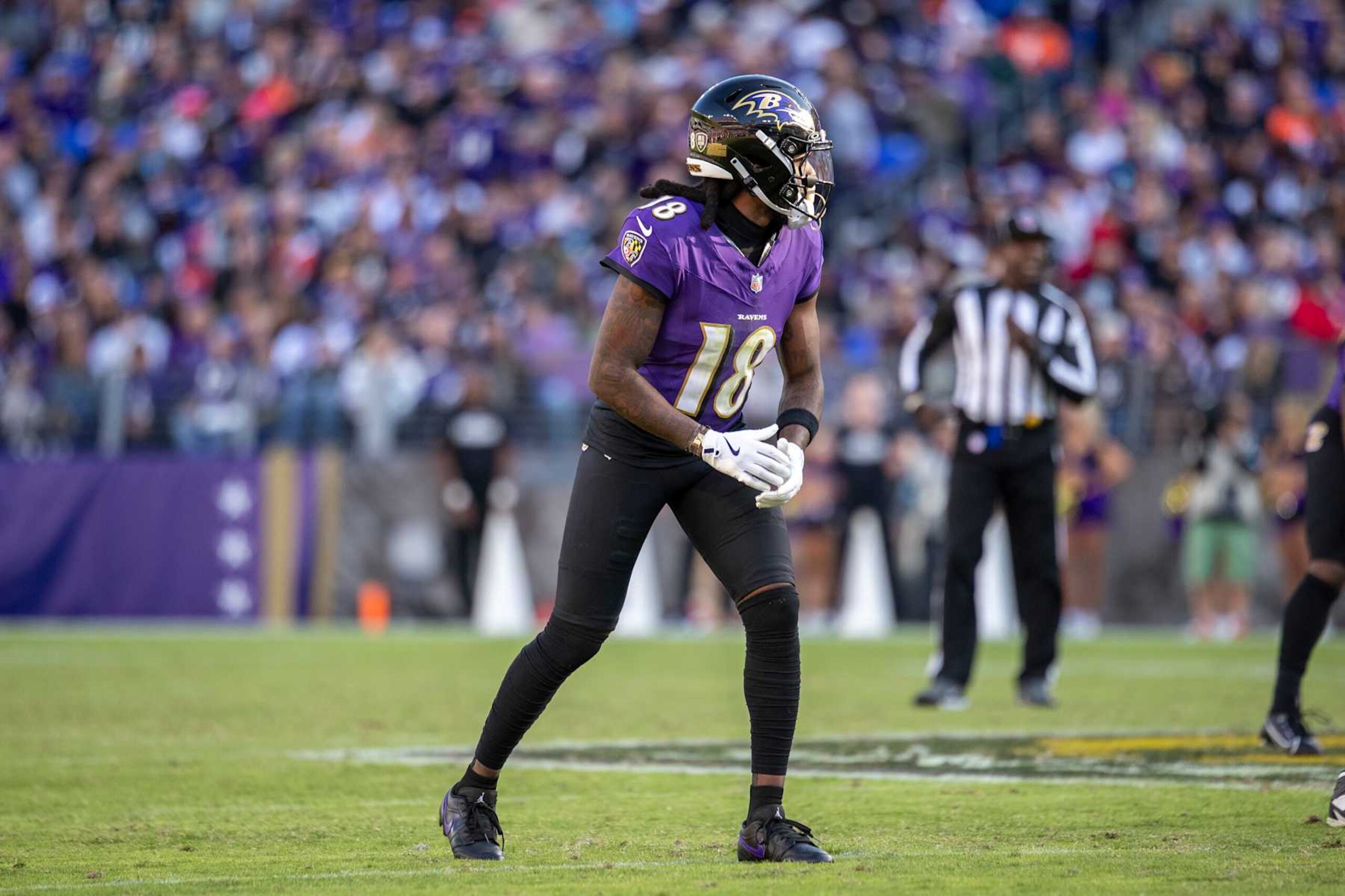 BALTIMORE, MD - NOVEMBER 03: Baltimore Ravens wide receiver Diontae Johnson (18) lines up during the NFL game between the Denver Broncos and the Baltimore Ravens on November 3, 2024, at M&T Bank Stadium in Baltimore, MD. (Photo by Charles Brock/Icon Sportswire via Getty Images)