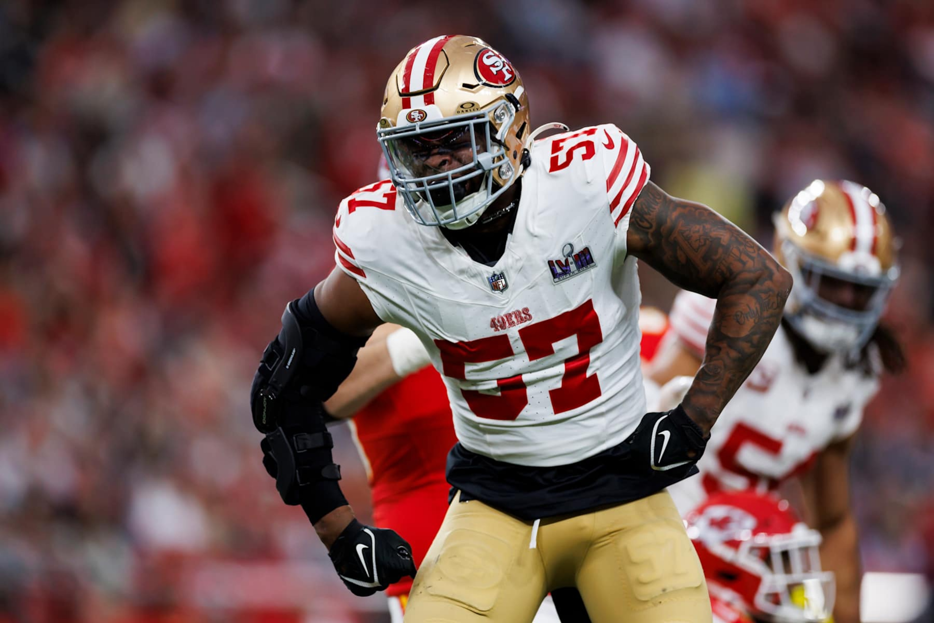 LAS VEGAS, NEVADA - FEBRUARY 11: Dre Greenlaw #57 of the San Francisco 49ers celebrates after a play during Super Bowl LVIII against the Kansas City Chiefs at Allegiant Stadium on February 11, 2024 in Las Vegas, Nevada. (Photo by Ryan Kang/Getty Images)