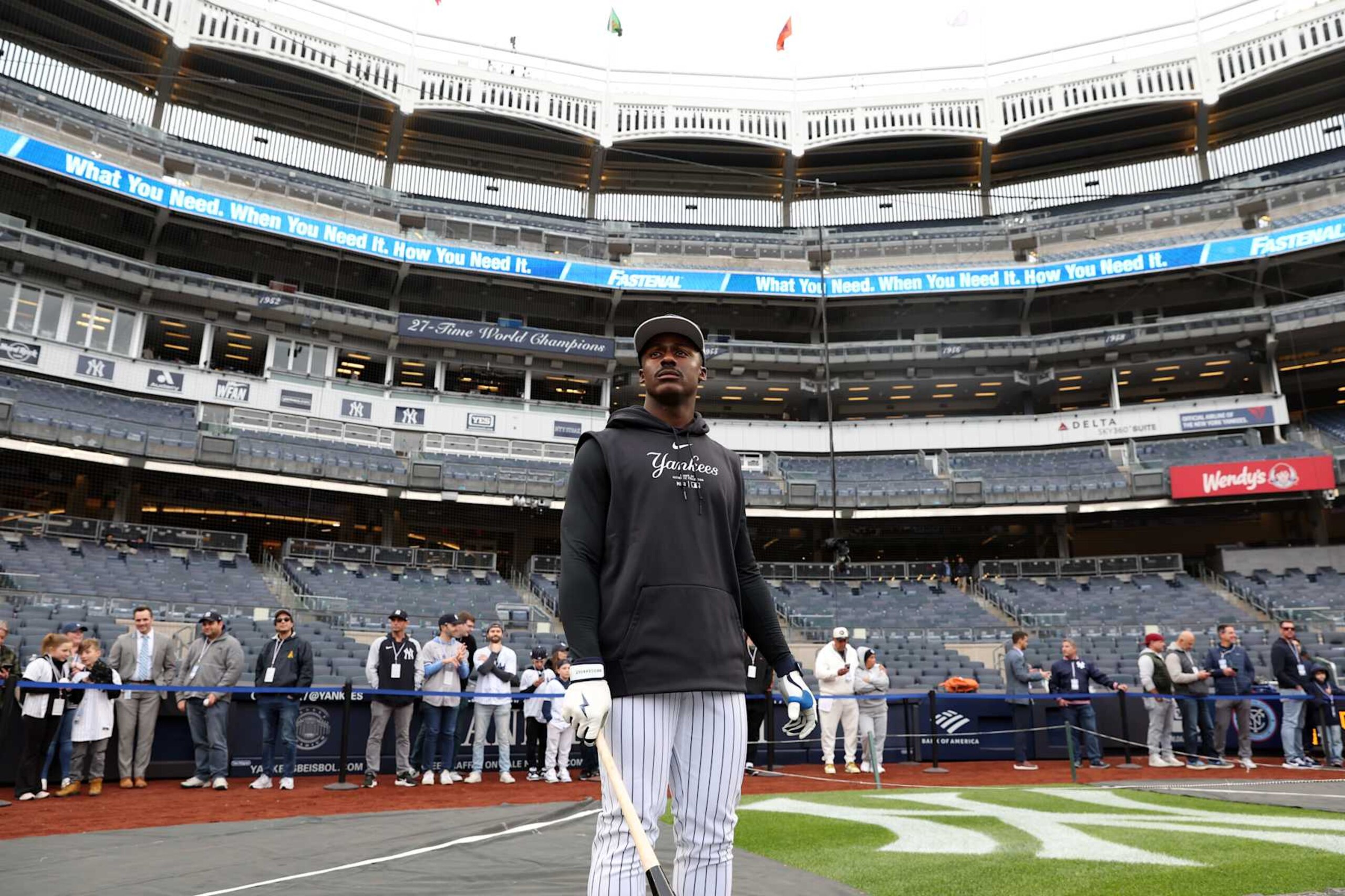 NEW YORK, NY - APRIL 19: Taylor Trammell #33 of the New York Yankees looks on before the game against the Tampa Bay Rays at Yankee Stadium on April 19, 2024, in New York, New York. (Photo by New York Yankees/Getty Images) NEW YORK, NY - APRIL 19: Taylor Trammell #33 of the New York Yankees looks on before the game against the Tampa Bay Rays at Yankee Stadium on April 19, 2024, in New York, New York. (Photo by New York Yankees/Getty Images)