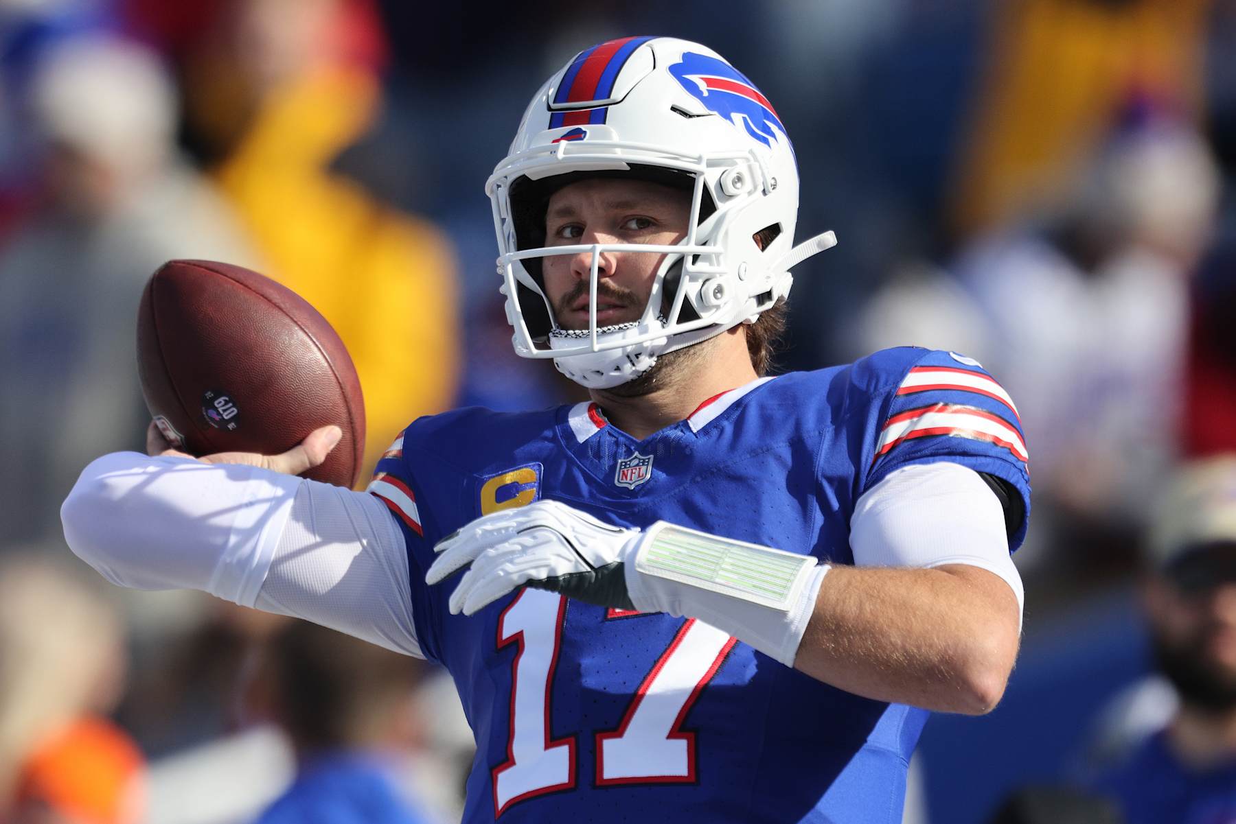ORCHARD PARK, NEW YORK - NOVEMBER 03: Josh Allen #17 of the Buffalo Bills warms up prior to playing the Miami Dolphins at Highmark Stadium on November 03, 2024 in Orchard Park, New York. (Photo by Bryan M. Bennett/Getty Images)