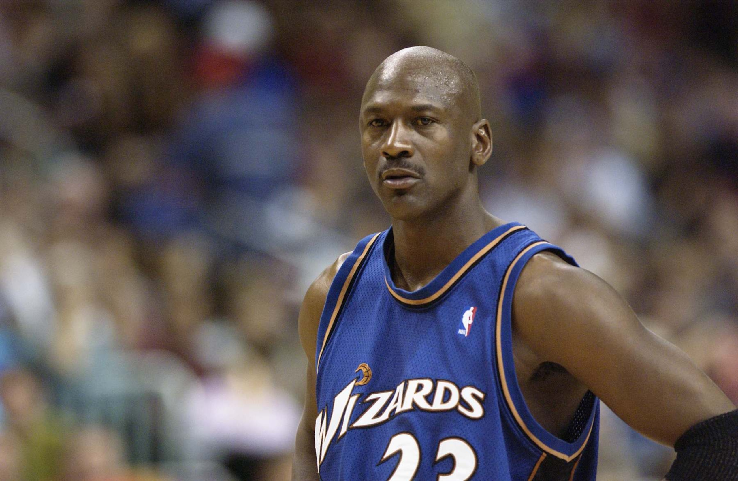 PHILADELPHIA - APRIL 16: Michael Jordan #23 of the Washington Wizards on the court during the final NBA game of his career, played against the Philadelphia 76ers at First Union Center on March 30, 2003 in Philadelphia, Pennsylvania. The Sixers won 107-87. NOTE TO USER: User expressly acknowledges and agrees that, by downloading and/or using this Photograph, User is consenting to the terms and conditions of the Getty Images License Agreement (Photo by Ezra Shaw/Getty Images) PHILADELPHIA - APRIL 16: Michael Jordan #23 of the Washington Wizards on the court during the final NBA game of his career, played against the Philadelphia 76ers at First Union Center on March 30, 2003 in Philadelphia, Pennsylvania. The Sixers won 107-87. NOTE TO USER: User expressly acknowledges and agrees that, by downloading and/or using this Photograph, User is consenting to the terms and conditions of the Getty Images License Agreement (Photo by Ezra Shaw/Getty Images)