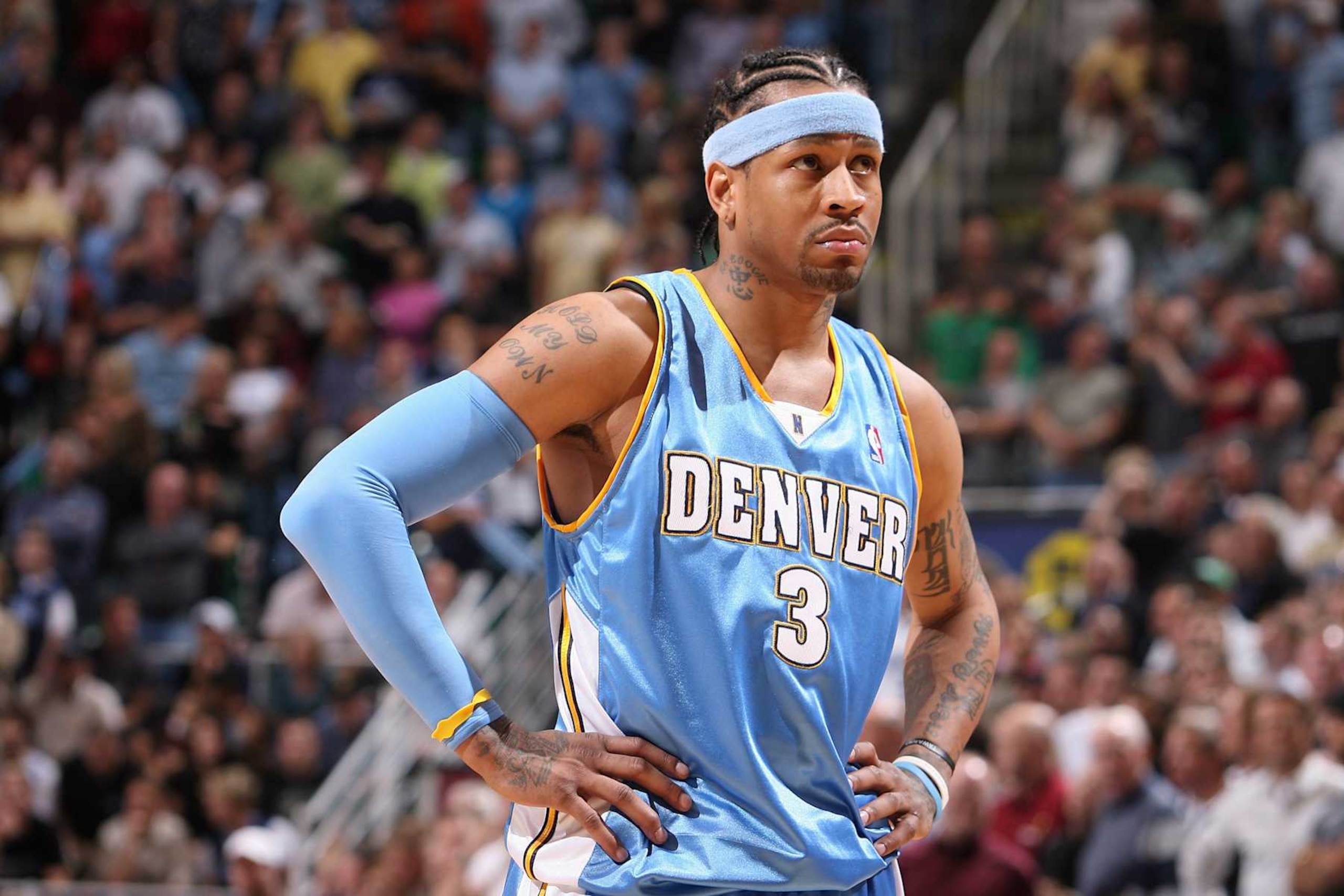 SALT LAKE CITY, UT - OCTOBER 29: Allen Iverson #3 of the Denver Nuggets stands on the court during the game against the Utah Jazz at EnergySolutions Arena on October 29, 2008 in Salt Lake City, Utah. The Jazz won the season opener 98-94. NOTE TO USER: User expressly acknowledges and agrees that, by downloading and or using this Photograph, User is consenting to the terms and conditions of the Getty Images License Agreement. Mandatory Copyright Notice: Copyright 2008 NBAE (Photo by Melissa Majchrzak/NBAE via Getty Images) SALT LAKE CITY, UT - OCTOBER 29: Allen Iverson #3 of the Denver Nuggets stands on the court during the game against the Utah Jazz at EnergySolutions Arena on October 29, 2008 in Salt Lake City, Utah. The Jazz won the season opener 98-94. NOTE TO USER: User expressly acknowledges and agrees that, by downloading and or using this Photograph, User is consenting to the terms and conditions of the Getty Images License Agreement. Mandatory Copyright Notice: Copyright 2008 NBAE (Photo by Melissa Majchrzak/NBAE via Getty Images)
