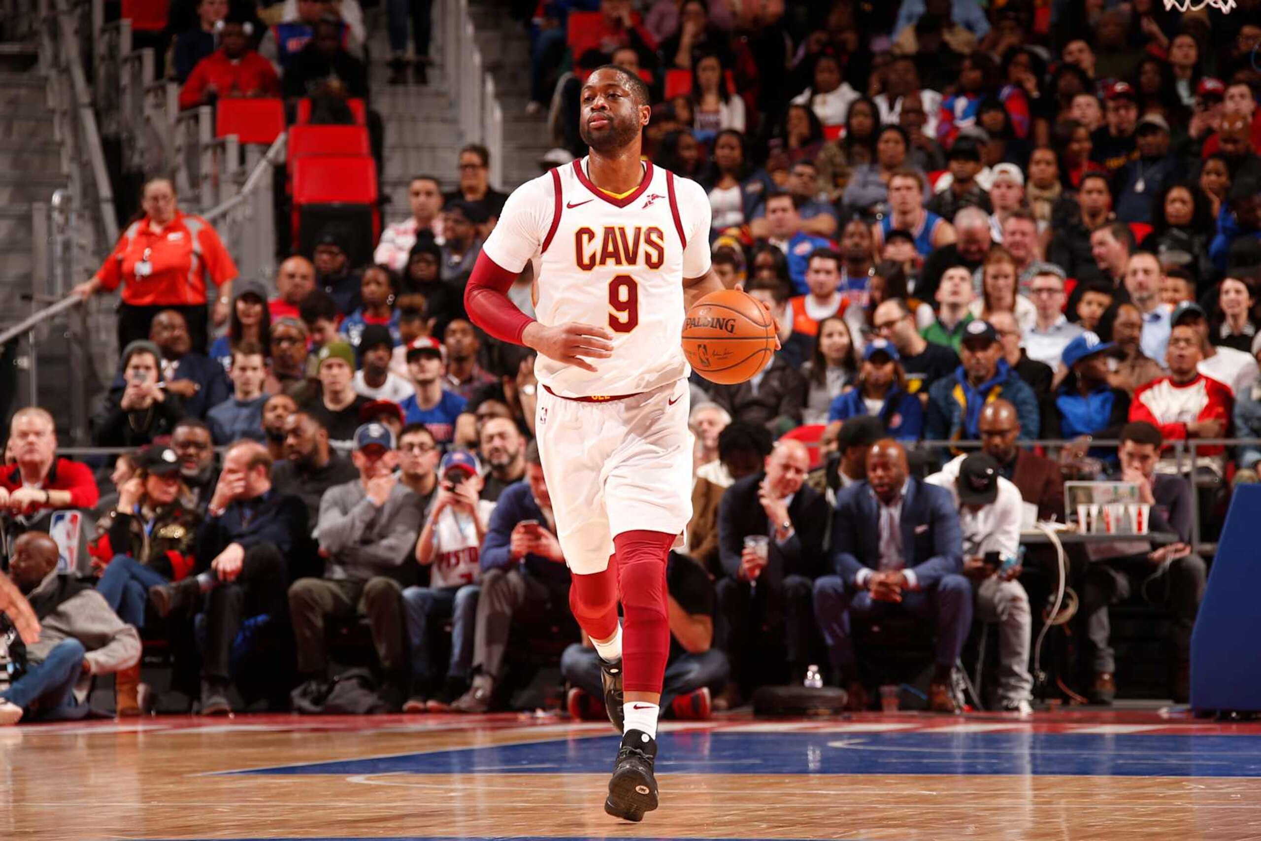 DETROIT, MI - JANUARY 30: Dwyane Wade #9 of the Cleveland Cavaliers handles the ball against the Detroit Pistons on January 30, 2018 at Little Caesars Arena in Detroit, Michigan. NOTE TO USER: User expressly acknowledges and agrees that, by downloading and/or using this photograph, User is consenting to the terms and conditions of the Getty Images License Agreement. Mandatory Copyright Notice: Copyright 2018 NBAE (Photo by Brian Sevald/NBAE via Getty Images) DETROIT, MI - JANUARY 30: Dwyane Wade #9 of the Cleveland Cavaliers handles the ball against the Detroit Pistons on January 30, 2018 at Little Caesars Arena in Detroit, Michigan. NOTE TO USER: User expressly acknowledges and agrees that, by downloading and/or using this photograph, User is consenting to the terms and conditions of the Getty Images License Agreement. Mandatory Copyright Notice: Copyright 2018 NBAE (Photo by Brian Sevald/NBAE via Getty Images)