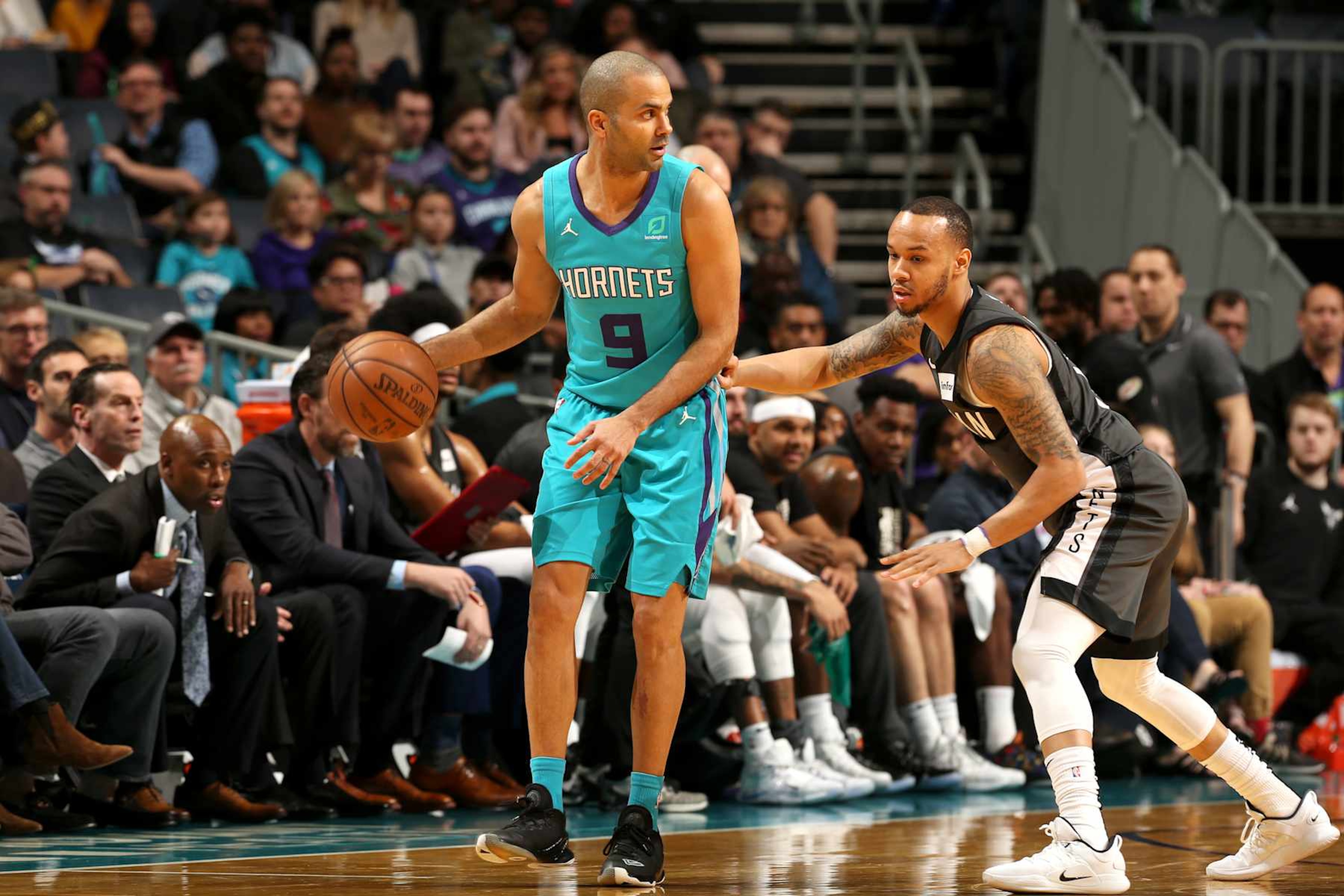 CHARLOTTE, NC - FEBRUARY 23: Tony Parker #9 of the Charlotte Hornets handles the ball against the Brooklyn Nets  on February 23, 2019 at Spectrum Center in Charlotte, North Carolina. NOTE TO USER: User expressly acknowledges and agrees that, by downloading and or using this photograph, User is consenting to the terms and conditions of the Getty Images License Agreement.  Mandatory Copyright Notice:  Copyright 2019 NBAE (Photo by Kent Smith/NBAE via Getty Images)