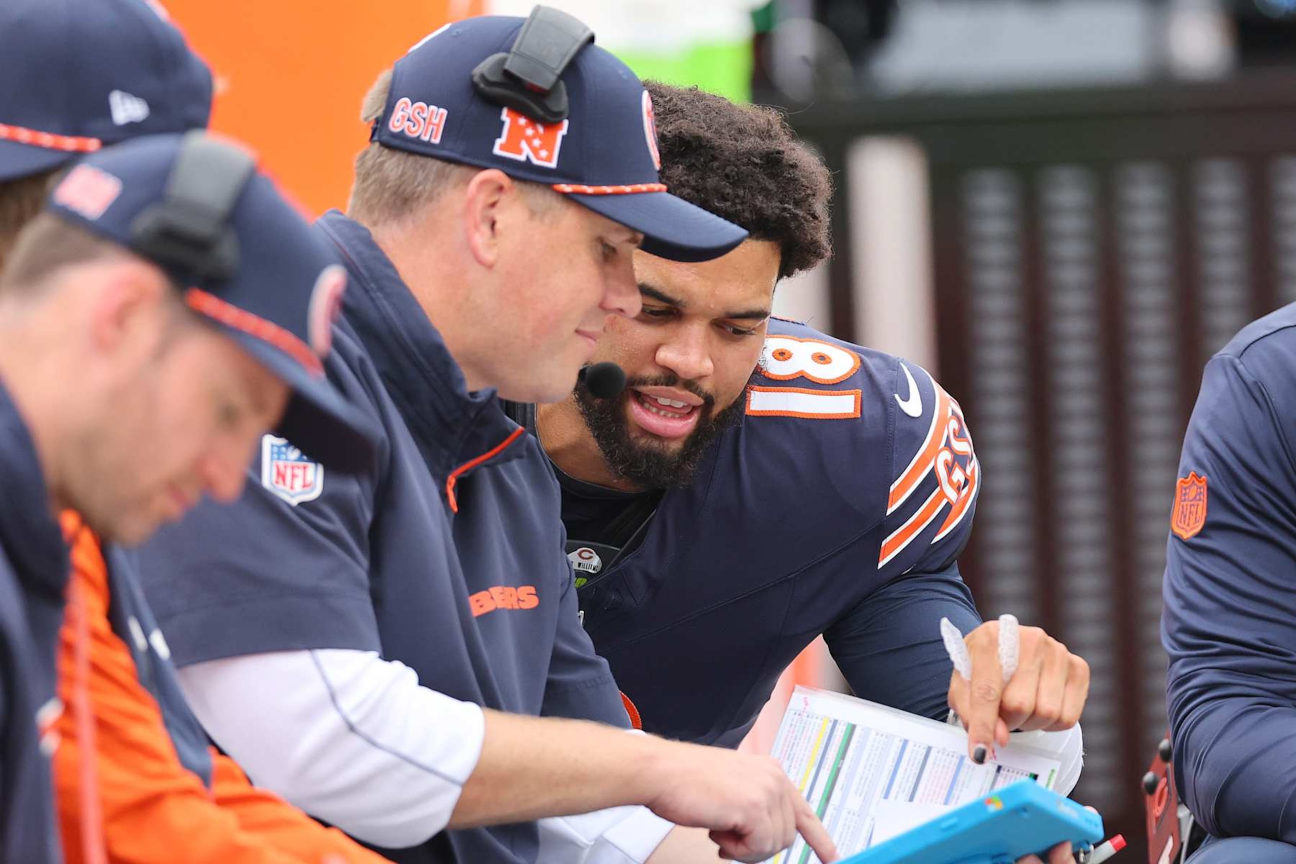 CHICAGO, ILLINOIS - SEPTEMBER 29: Offensive coordinator Shane Waldron and Caleb Williams #18 of the Chicago Bears talk on the sideline against the Los Angeles Rams at Soldier Field on September 29, 2024 in Chicago, Illinois. (Photo by Michael Reaves/Getty Images) CHICAGO, ILLINOIS - SEPTEMBER 29: Offensive coordinator Shane Waldron and Caleb Williams #18 of the Chicago Bears talk on the sideline against the Los Angeles Rams at Soldier Field on September 29, 2024 in Chicago, Illinois. (Photo by Michael Reaves/Getty Images)