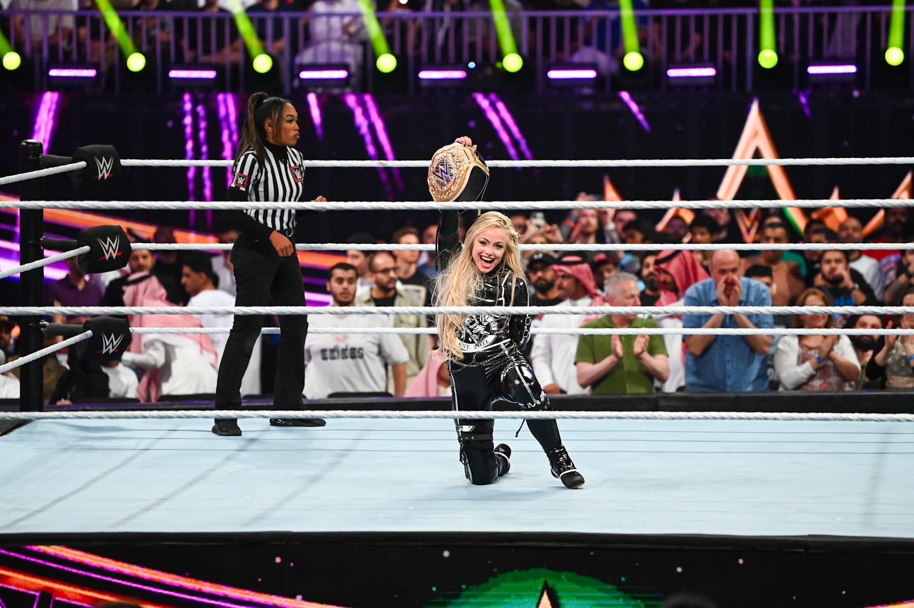 RIYADH, SAUDI ARABIA - NOVEMBER 2: Liv Morgan is victorious during Crown Jewel at Mohammed Abdo Arena on November 2, 2024 in Riyadh, Saudi Arabia.  (Photo by WWE/Getty Images)