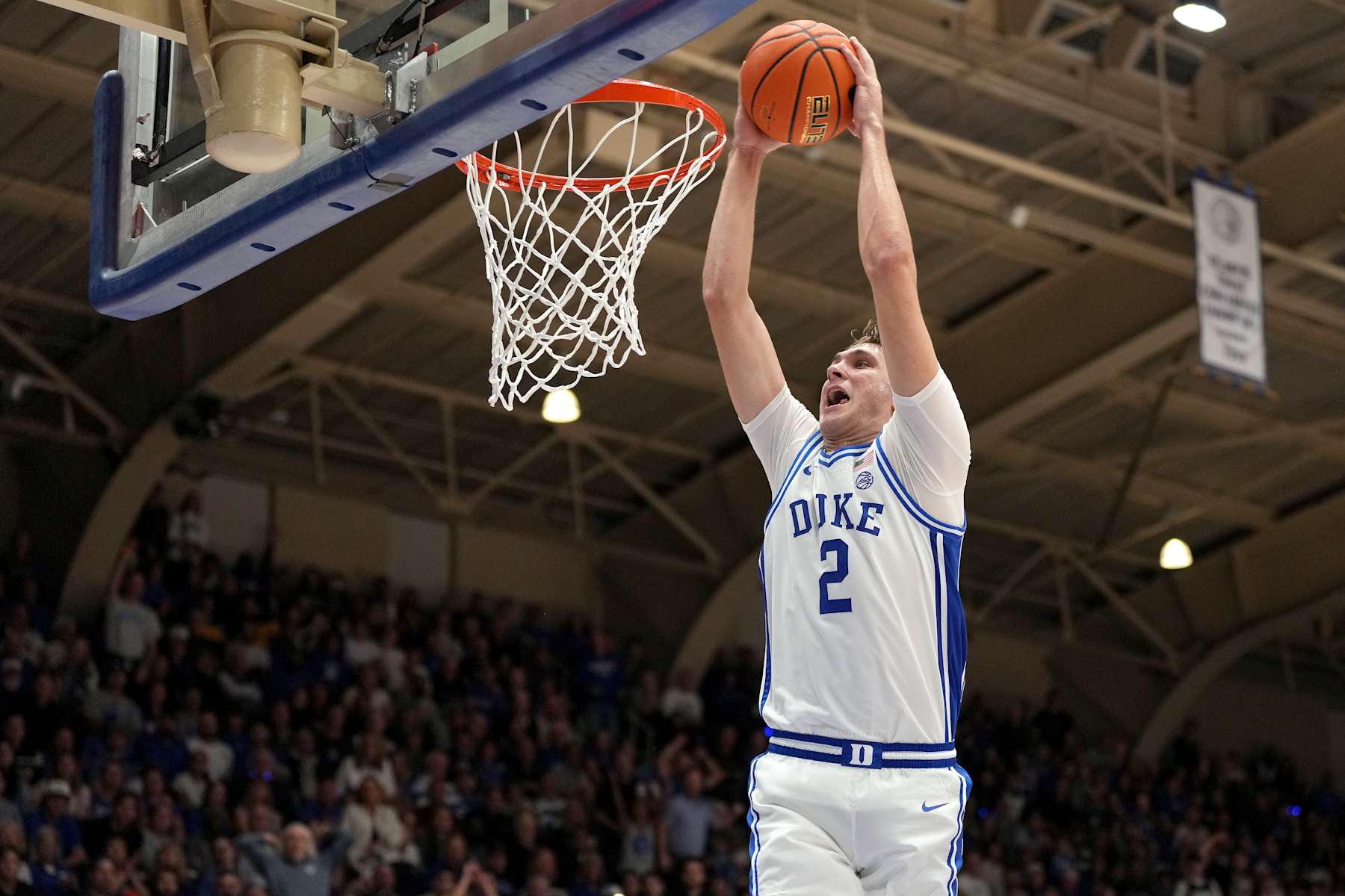 DURHAM, NORTH CAROLINA - OCTOBER 27: Cooper Flagg #2 of the Duke Blue Devils dunks against the Arizona State Sun Devils during the second half of the exhibition game at Cameron Indoor Stadium on October 27, 2024 in Durham, North Carolina. The Blue Devils won 103-47. (Photo by Grant Halverson/Getty Images)