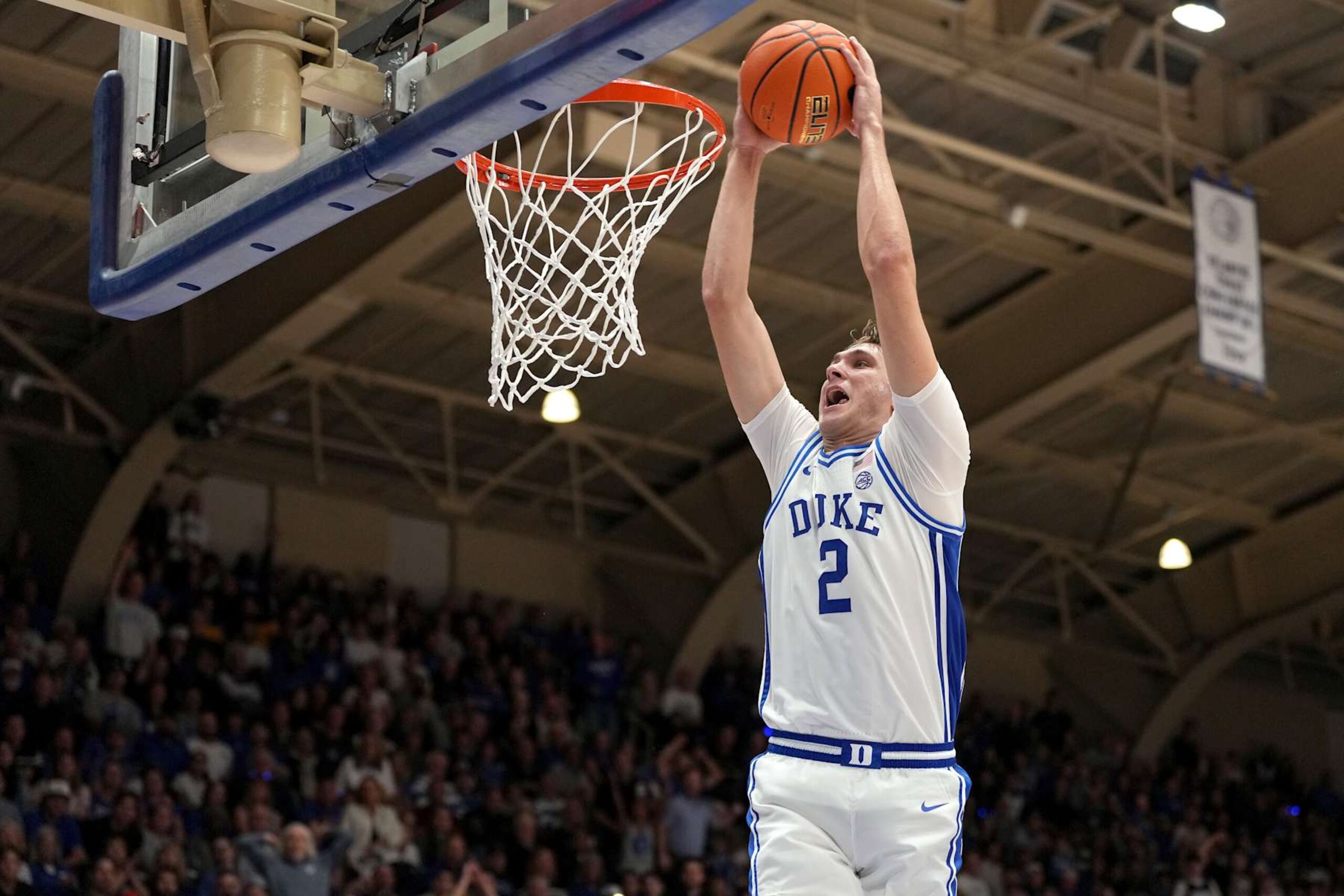 DURHAM, NORTH CAROLINA - OCTOBER 27: Cooper Flagg #2 of the Duke Blue Devils dunks against the Arizona State Sun Devils during the second half of the exhibition game at Cameron Indoor Stadium on October 27, 2024 in Durham, North Carolina. The Blue Devils won 103-47. (Photo by Grant Halverson/Getty Images) DURHAM, NORTH CAROLINA - OCTOBER 27: Cooper Flagg #2 of the Duke Blue Devils dunks against the Arizona State Sun Devils during the second half of the exhibition game at Cameron Indoor Stadium on October 27, 2024 in Durham, North Carolina. The Blue Devils won 103-47. (Photo by Grant Halverson/Getty Images)