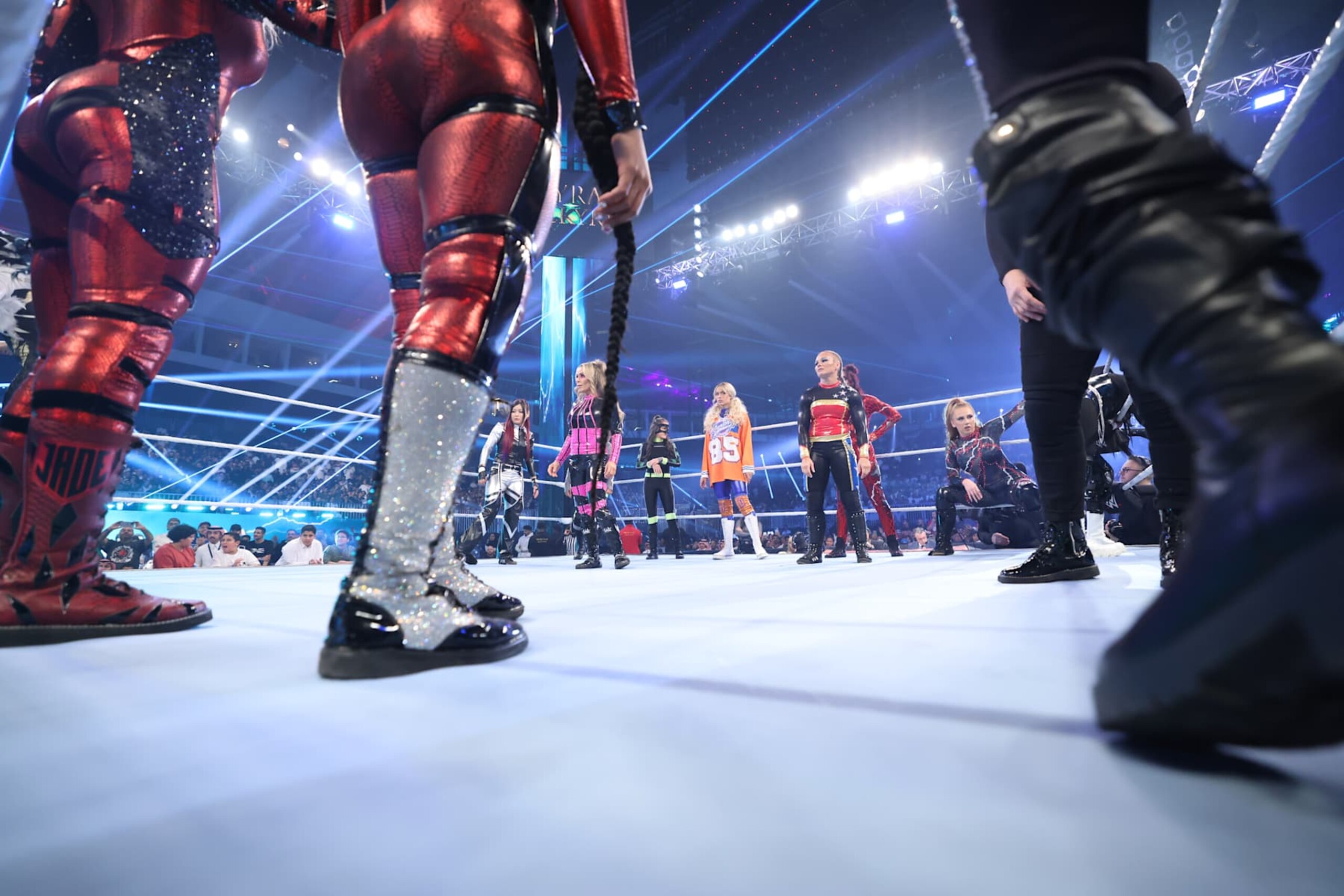 RIYADH, SAUDI ARABIA - NOVEMBER 4: Iyo Sky, Natalya, Katana Chance, Maxxine Dupri, Ivy Nile, and Isla Dawn get ready for the Women's Battle Royal during Monday Night RAW at Mohammed Abdo Arena on November 4, 2024 in Riyadh, Saudi Arabia. (Photo by WWE/Getty Images) RIYADH, SAUDI ARABIA - NOVEMBER 4: Iyo Sky, Natalya, Katana Chance, Maxxine Dupri, Ivy Nile, and Isla Dawn get ready for the Women's Battle Royal during Monday Night RAW at Mohammed Abdo Arena on November 4, 2024 in Riyadh, Saudi Arabia. (Photo by WWE/Getty Images)