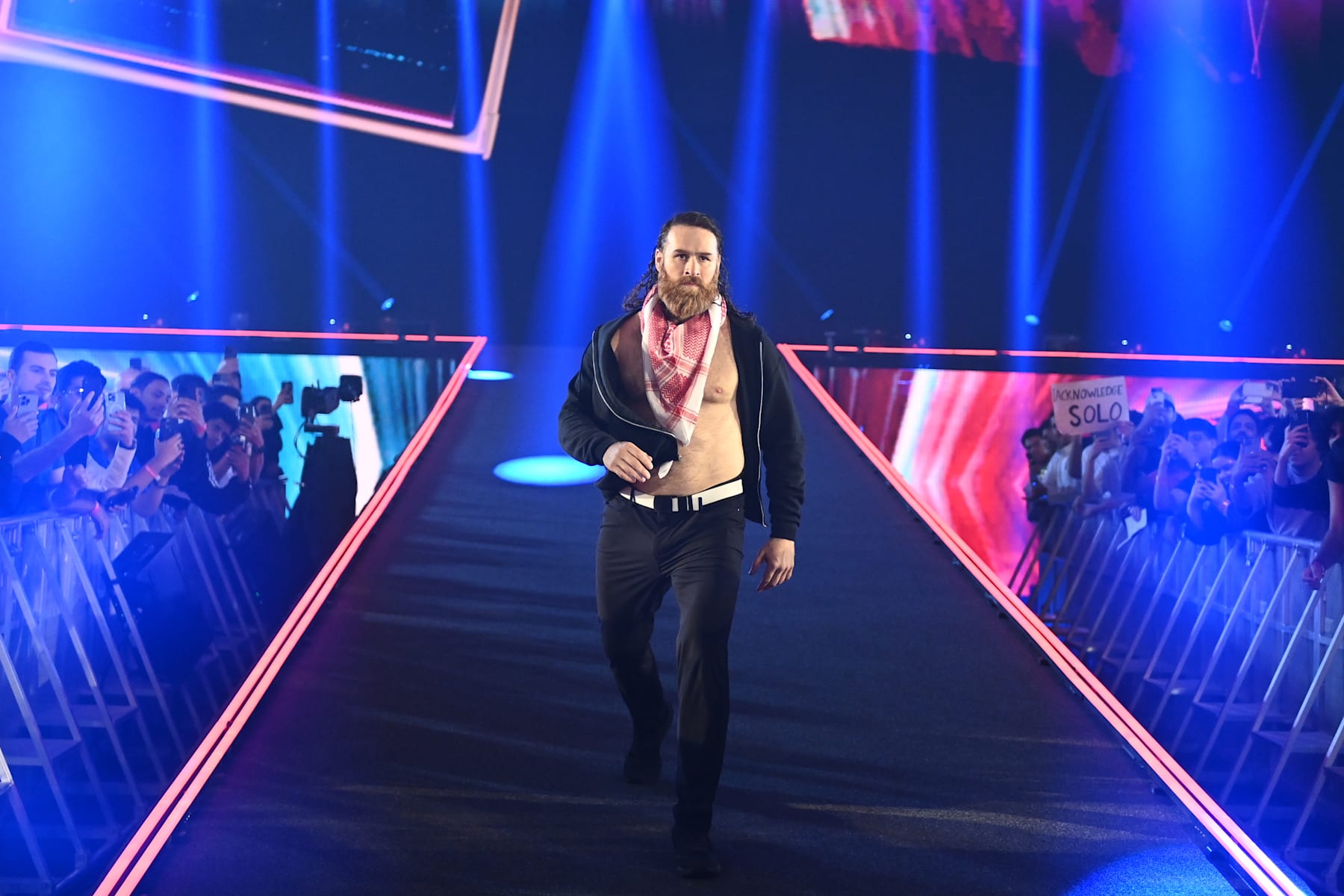 RIYADH, SAUDI ARABIA - NOVEMBER 2: Sami Zayn walks towards the ring during Crown Jewel at Mohammed Abdo Arena on November 2, 2024 in Riyadh, Saudi Arabia.  (Photo by WWE/Getty Images)