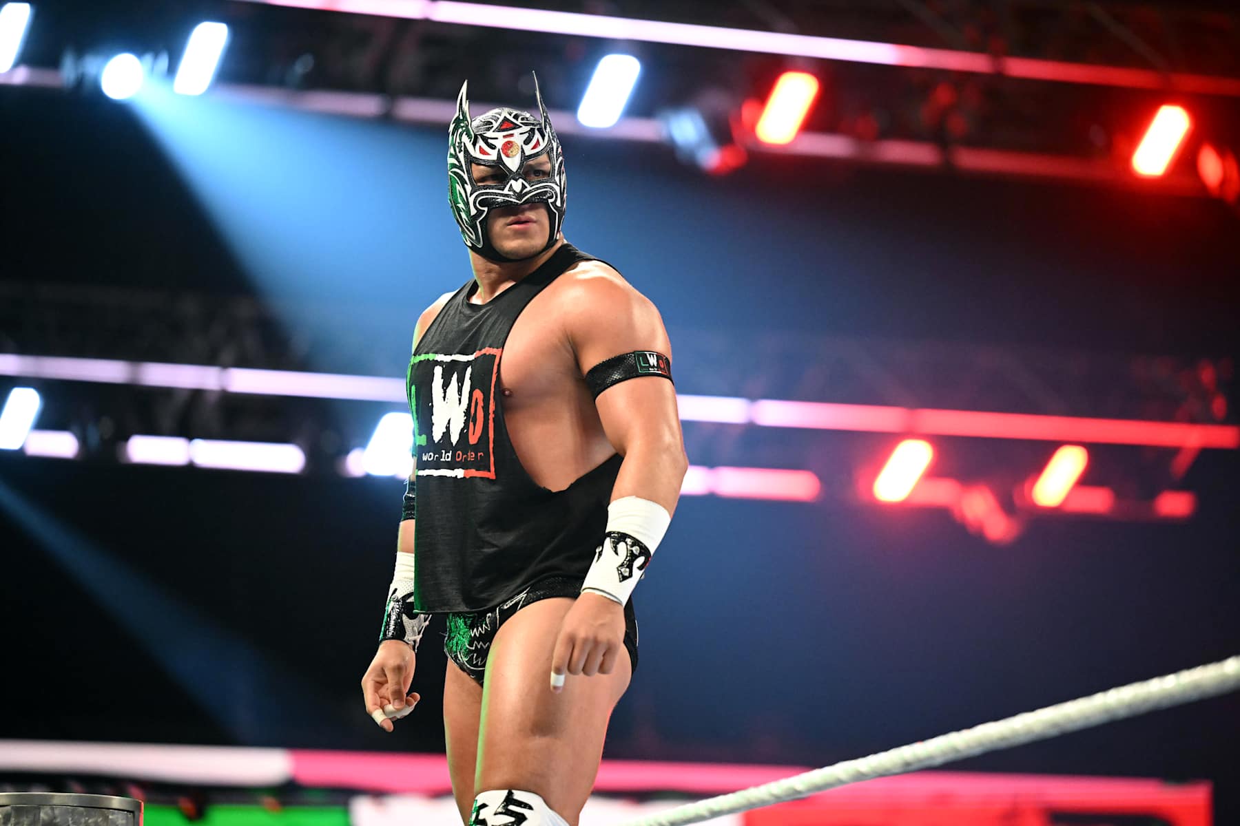CALGARY, CANADA - SEPTEMBER 09: Dragon Lee makes hie entrance to the ring during Monday Night RAW at the Scotiabank Saddledome on September 9, 2024 in Calgary, Canada.  (Photo by WWE/Getty Images)