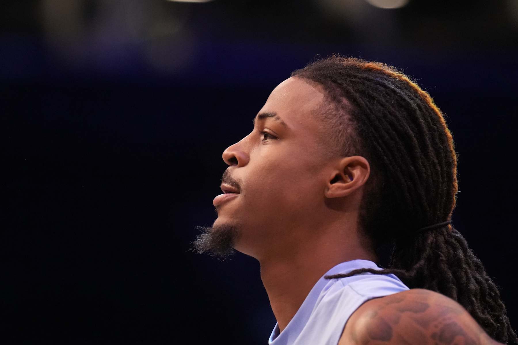 BROOKLYN, NY - NOVEMBER 4: Ja Morant #12 of the Memphis Grizzlies looks on before the game against the Brooklyn Nets on November 4, 2024 at Barclays Center in Brooklyn, New York. NOTE TO USER: User expressly acknowledges and agrees that, by downloading and or using this Photograph, user is consenting to the terms and conditions of the Getty Images License Agreement. Mandatory Copyright Notice: Copyright 2024 NBAE (Photo by Jesse D. Garrabrant/NBAE via Getty Images)