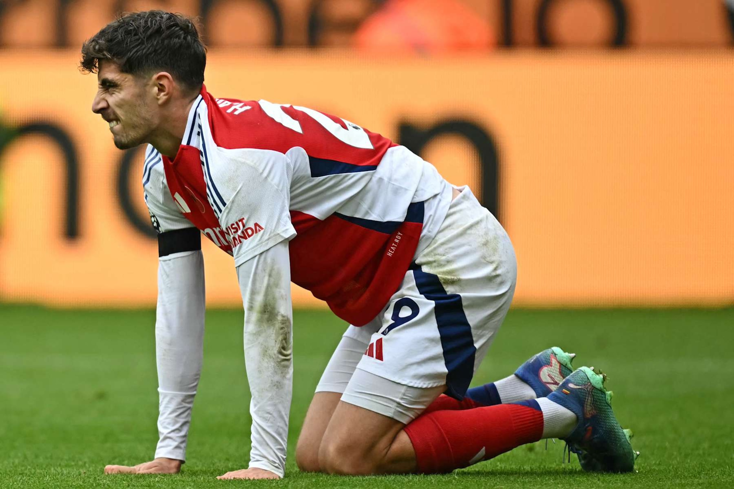 Arsenal's German midfielder #29 Kai Havertz reacts during the English Premier League football match between Newcastle United and Arsenal at St James' Park in Newcastle-upon-Tyne, north east England on November 2, 2024. (Photo by Paul ELLIS / AFP) / RESTRICTED TO EDITORIAL USE. No use with unauthorized audio, video, data, fixture lists, club/league logos or 'live' services. Online in-match use limited to 120 images. An additional 40 images may be used in extra time. No video emulation. Social media in-match use limited to 120 images. An additional 40 images may be used in extra time. No use in betting publications, games or single club/league/player publications. /  (Photo by PAUL ELLIS/AFP via Getty Images)