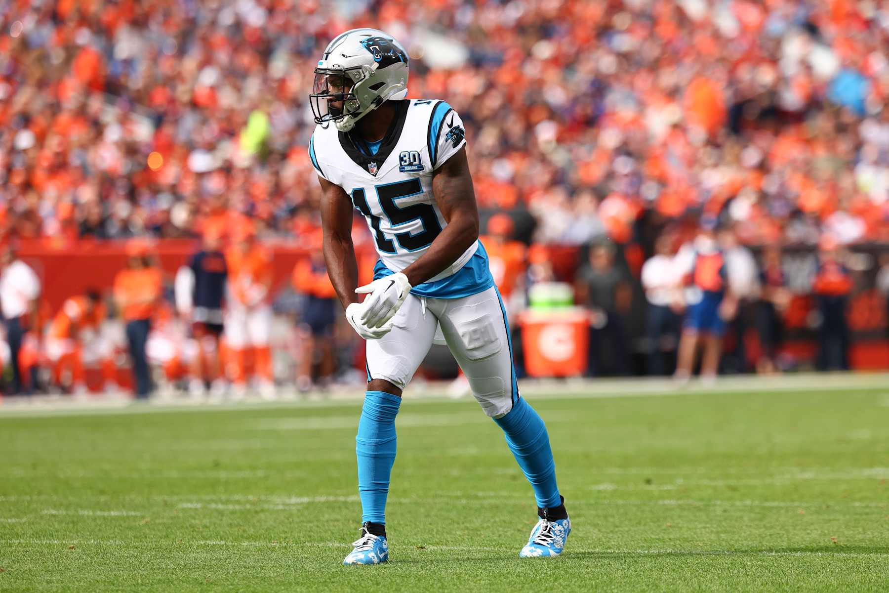 DENVER, COLORADO - OCTOBER 27: Jonathan Mingo #15 of the Carolina Panthers lines up during the first half against the Denver Broncos at Empower Field At Mile High on October 27, 2024 in Denver, Colorado. The Broncos defeated the Panthers 28-14. (Photo by C. Morgan Engel/Getty Images)