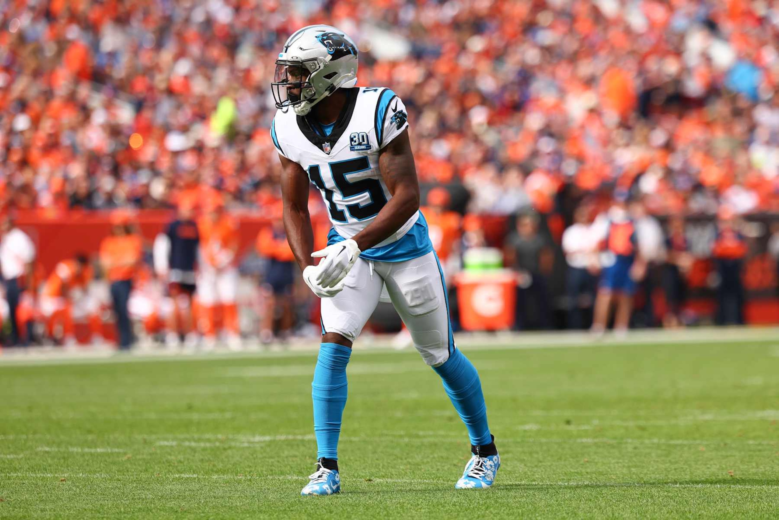 DENVER, COLORADO - OCTOBER 27: Jonathan Mingo #15 of the Carolina Panthers lines up during the first half against the Denver Broncos at Empower Field At Mile High on October 27, 2024 in Denver, Colorado. The Broncos defeated the Panthers 28-14. (Photo by C. Morgan Engel/Getty Images) DENVER, COLORADO - OCTOBER 27: Jonathan Mingo #15 of the Carolina Panthers lines up during the first half against the Denver Broncos at Empower Field At Mile High on October 27, 2024 in Denver, Colorado. The Broncos defeated the Panthers 28-14. (Photo by C. Morgan Engel/Getty Images)