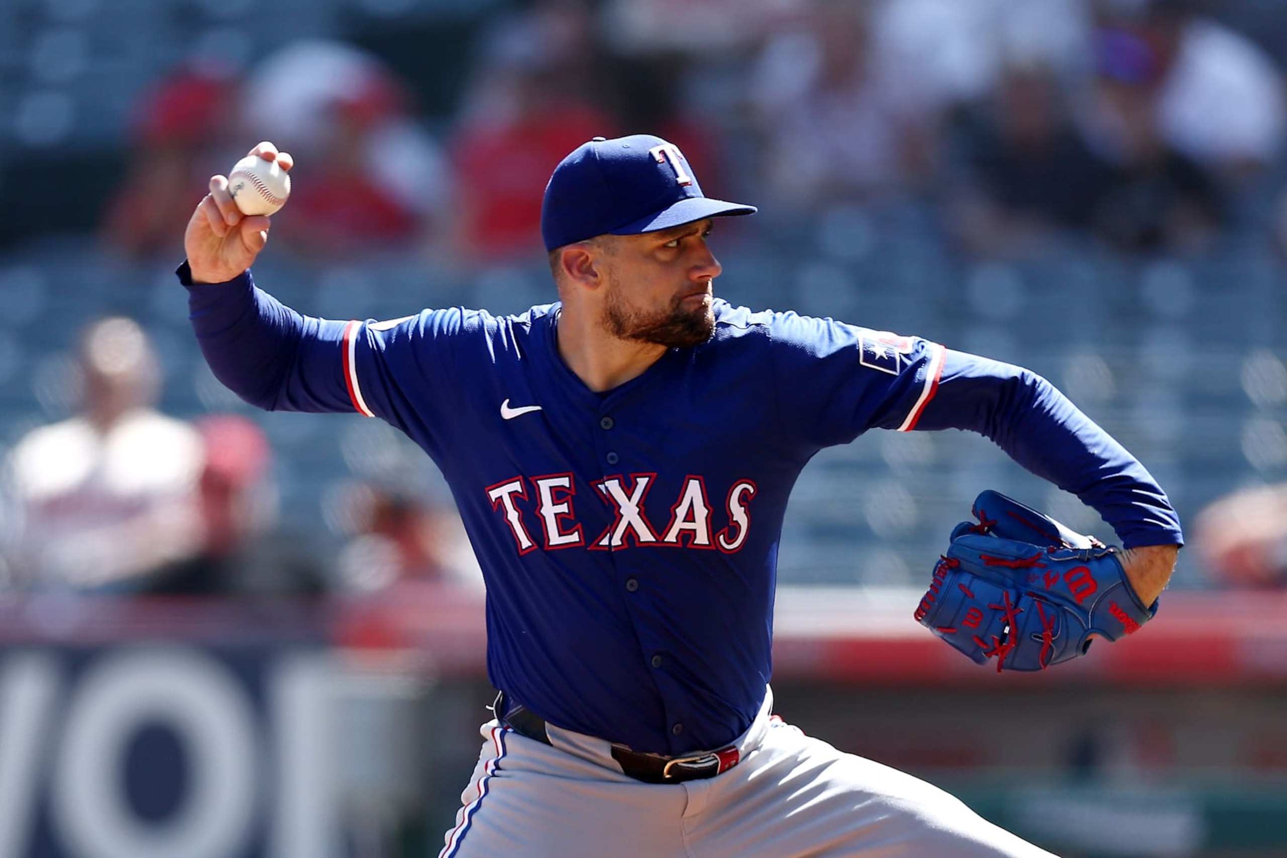 ANAHEIM, CALIFORNIA - SEPTEMBER 29: Nathan Eovaldi #17 of the Texas Rangers throws a pitch during the first inning against the Los Angeles Angels at Angel Stadium of Anaheim on September 29, 2024 in Anaheim, California. (Photo by Katelyn Mulcahy/Getty Images)