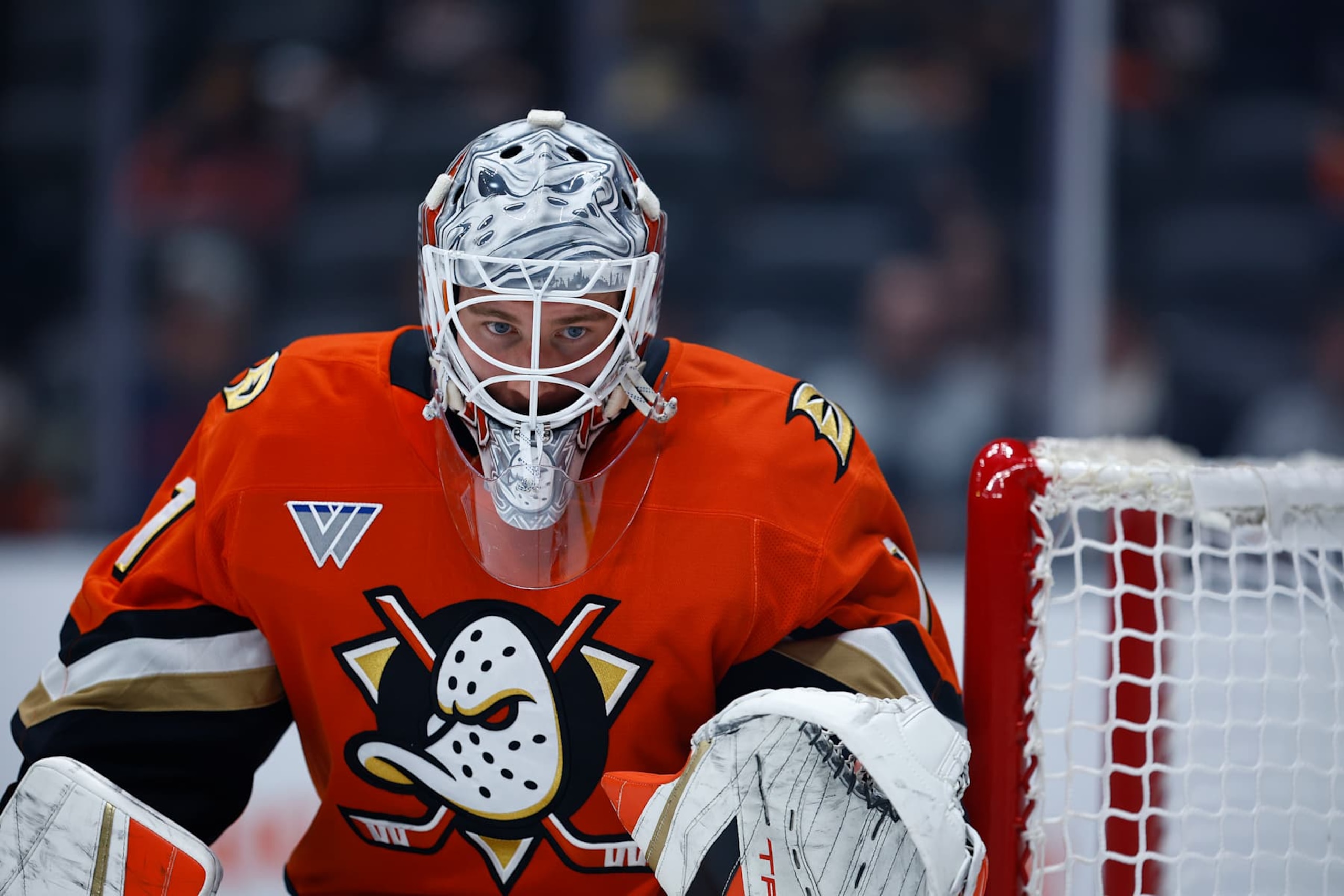 ANAHEIM, CALIFORNIA - NOVEMBER 03:  Lukas Dostal #1 of the Anaheim Ducks in goal against the Chicago Blackhawks in the first period at Honda Center on November 03, 2024 in Anaheim, California. (Photo by Ronald Martinez/Getty Images)
