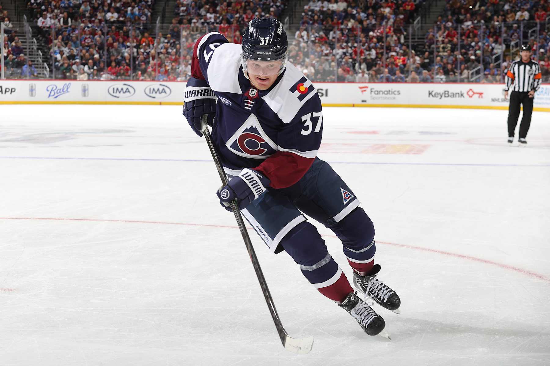 DENVER, COLORADO - OCTOBER 28: Casey Mittelstadt #37 of the Colorado Avalanche skates against the Chicago Blackhawks at Ball Arena on October 28, 2024 in Denver, Colorado. (Photo by Michael Martin/NHLI via Getty Images)