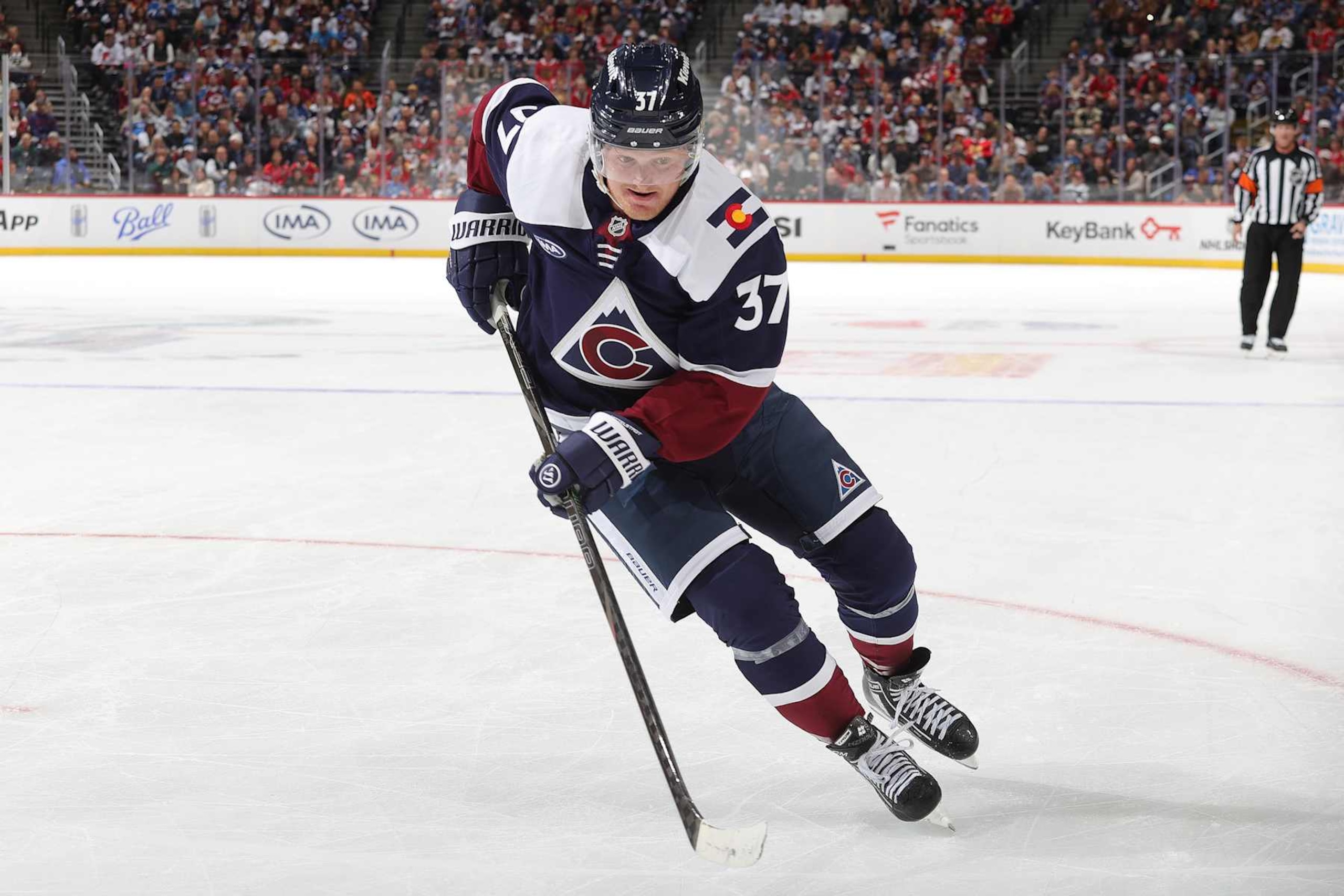 DENVER, COLORADO - OCTOBER 28: Casey Mittelstadt #37 of the Colorado Avalanche skates against the Chicago Blackhawks at Ball Arena on October 28, 2024 in Denver, Colorado. (Photo by Michael Martin/NHLI via Getty Images)