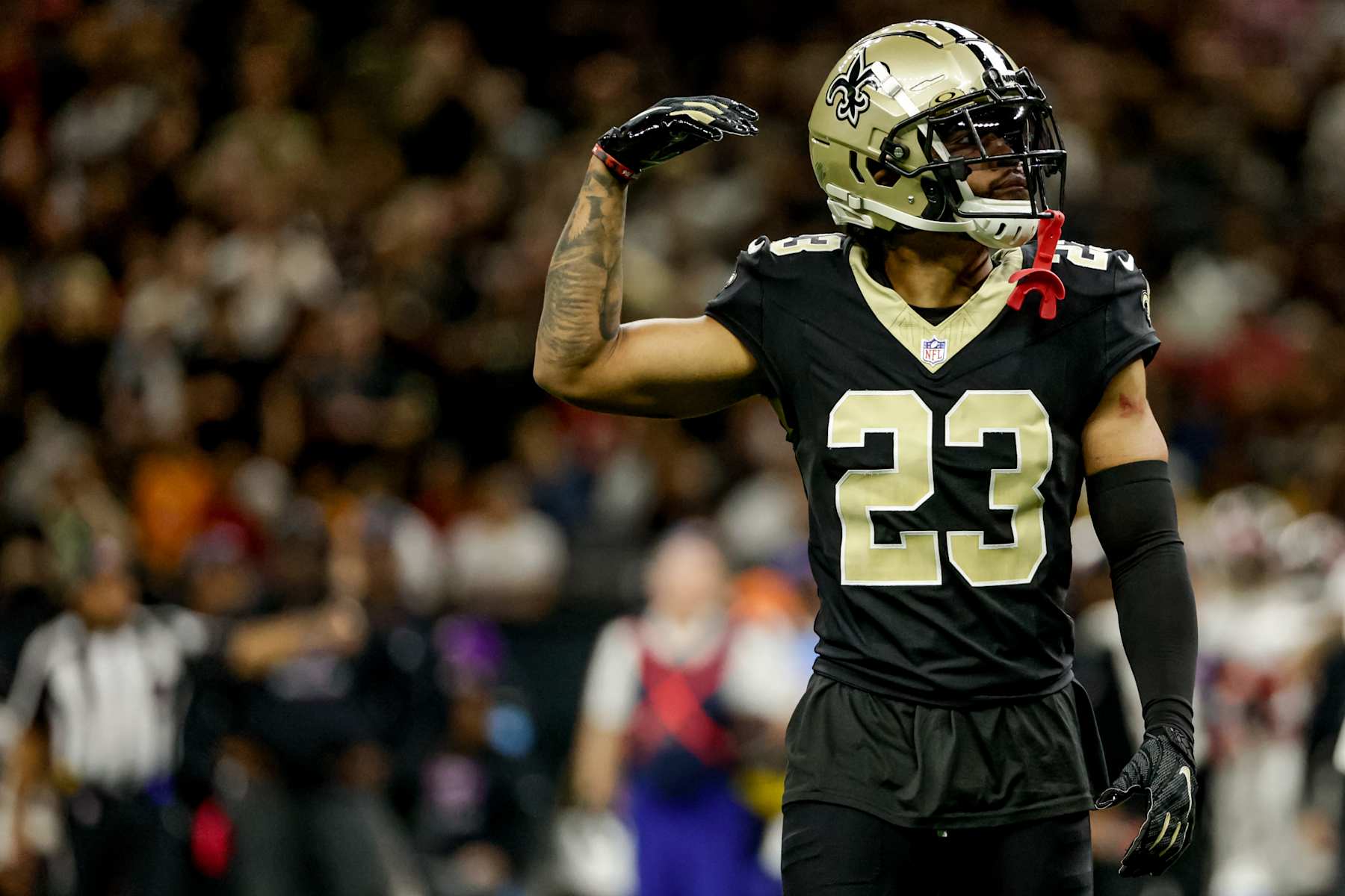 NEW  ORLEANS, LOUISIANA - OCTOBER 13: Marshon Lattimore #23 of the New Orleans Saints plays against the Tampa Bay Buccaneers during the first half of a game at the Caesars Superdome on October 13, 2024 in New Orleans, Louisiana. (Photo by Derick E. Hingle/Getty Images)