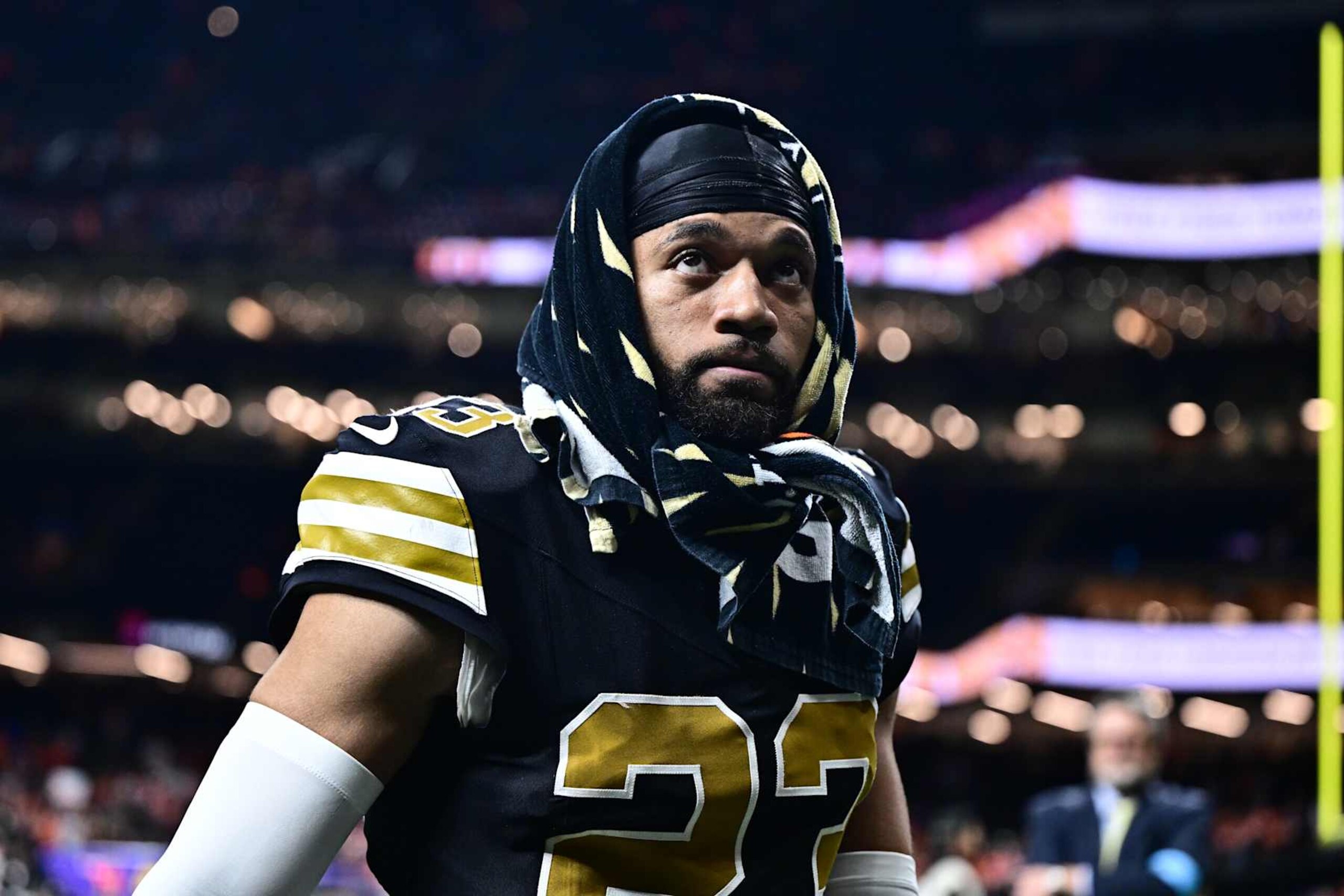 NEW ORLEANS, LOUISIANA - OCTOBER 17: Marshon Lattimore #23 of the New Orleans Saints leaves the field following a game against the Denver Broncos at Caesars Superdome on October 17, 2024 in New Orleans, Louisiana. (Photo by Gus Stark/Getty Images)