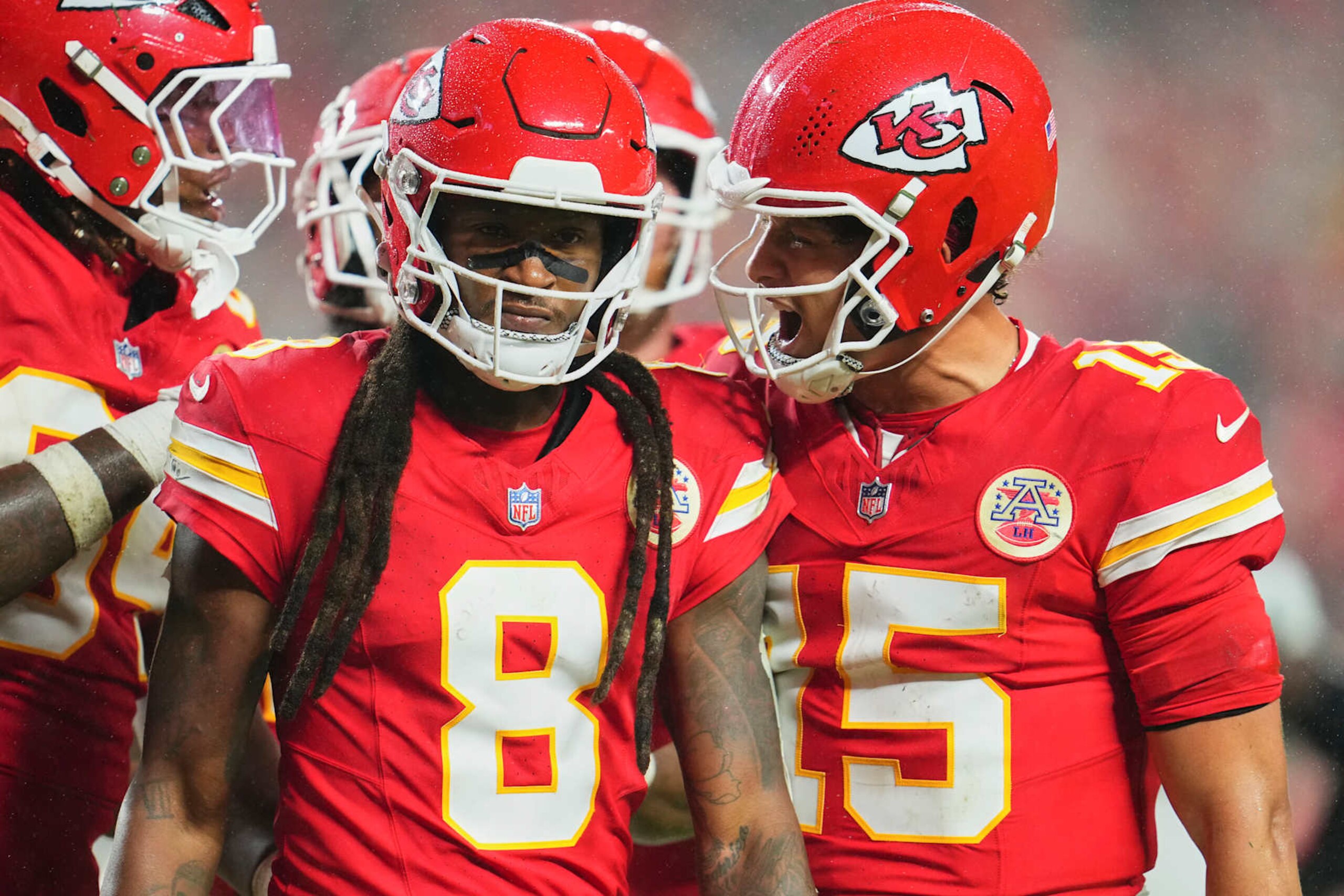 KANSAS CITY, MO - NOVEMBER 04: DeAndre Hopkins #8 of the Kansas City Chiefs celebrates after scoring a touchdown against the Tampa Bay Buccaneers during the second half of an NFL football game at GEHA Field at Arrowhead Stadium on November 4, 2024 in Kansas City, Missouri. (Photo by Cooper Neill/Getty Images) KANSAS CITY, MO - NOVEMBER 04: DeAndre Hopkins #8 of the Kansas City Chiefs celebrates after scoring a touchdown against the Tampa Bay Buccaneers during the second half of an NFL football game at GEHA Field at Arrowhead Stadium on November 4, 2024 in Kansas City, Missouri. (Photo by Cooper Neill/Getty Images)
