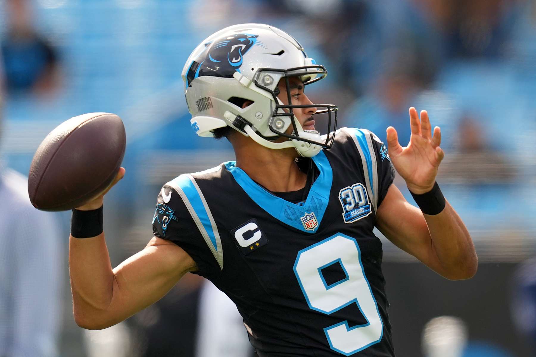 CHARLOTTE, NORTH CAROLINA - NOVEMBER 03: Bryce Young #9 of the Carolina Panthers warms up prior to the game against the New Orleans Saints at Bank of America Stadium on November 03, 2024 in Charlotte, North Carolina. (Photo by Grant Halverson/Getty Images)
