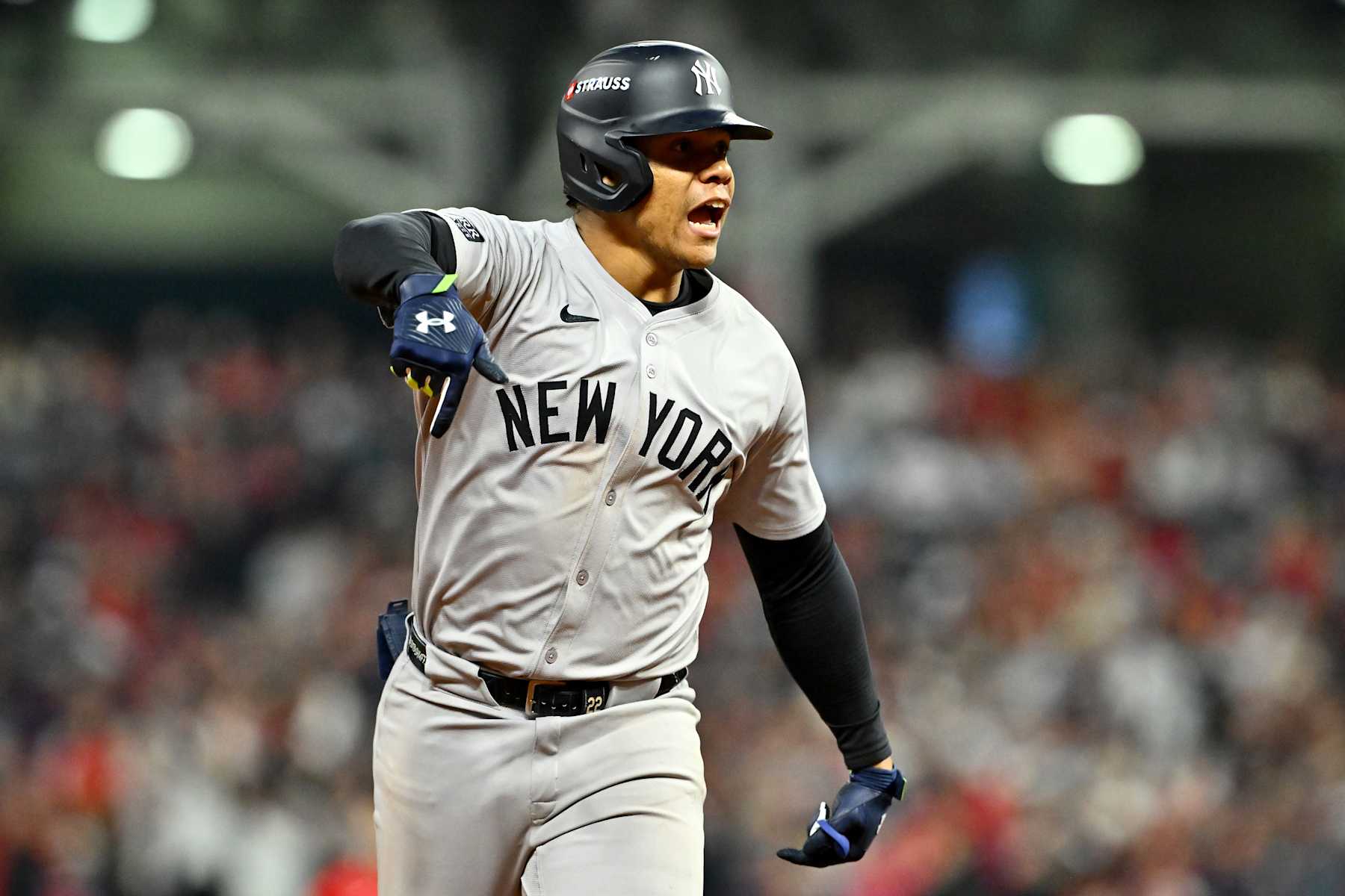 CLEVELAND, OHIO - OCTOBER 19: Juan Soto #22 of the New York Yankees rounds the bases after hitting a home run in the 10th inning against the Cleveland Guardians during Game Five of the American League Championship Series at Progressive Field on October 19, 2024 in Cleveland, Ohio. (Photo by Jason Miller/Getty Images)