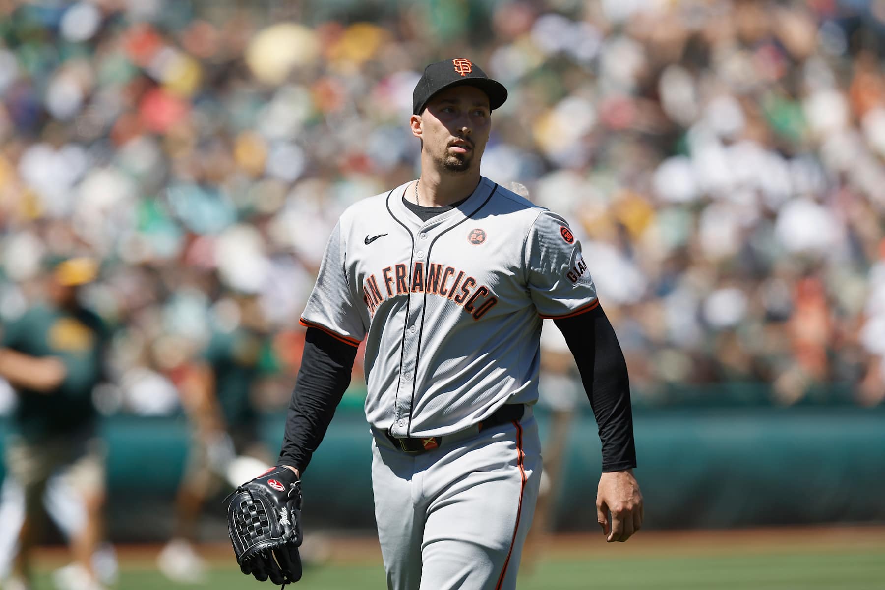 OAKLAND, CALIFORNIA - AUGUST 18: Pitcher Blake Snell #7 of the San Francisco Giants looks on during the game against the Oakland Athletics at Oakland Coliseum on August 18, 2024 in Oakland, California. (Photo by Lachlan Cunningham/Getty Images)