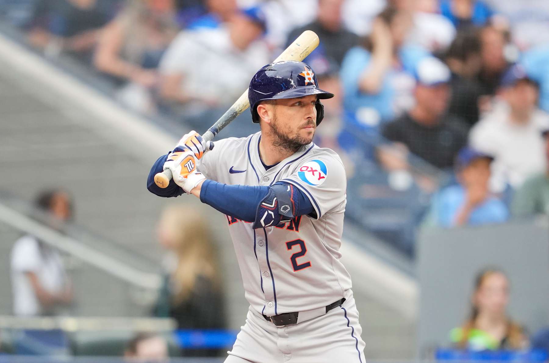 TORONTO, ON - JULY 2: Alex Bregman #2 of the Houston Astros takes an at bat against the Toronto Blue Jays during the third inning in their MLB game at the Rogers Centre on July 2, 2024 in Toronto, Ontario, Canada. (Photo by Mark Blinch/Getty Images)
