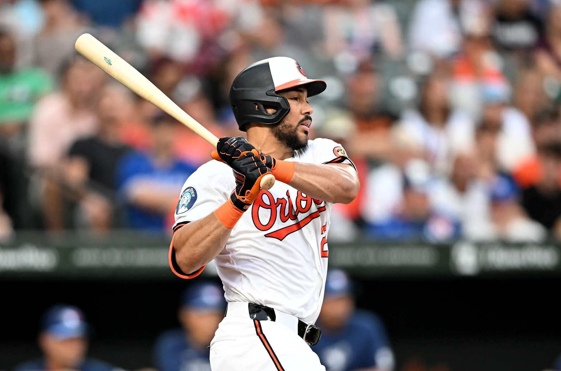 BALTIMORE, MARYLAND - JULY 30: Anthony Santander #25 of the Baltimore Orioles bats against the Toronto Blue Jays at Oriole Park at Camden Yards on July 30, 2024 in Baltimore, Maryland. (Photo by G Fiume/Getty Images)