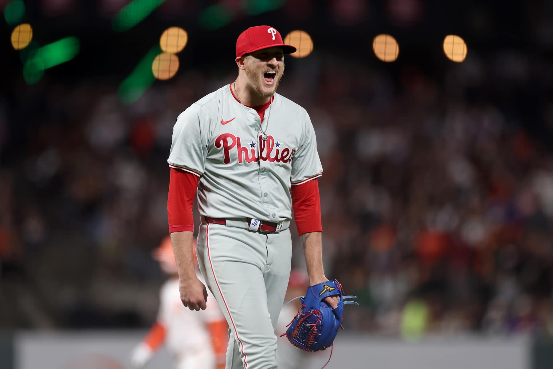 SAN FRANCISCO, CALIFORNIA - MAY 28: Jeff Hoffman #23 of the Philadelphia Phillies reacts to the final out of the ninth inning of their game against the San Francisco Giants at Oracle Park on May 28, 2024 in San Francisco, California. (Photo by Ezra Shaw/Getty Images)
