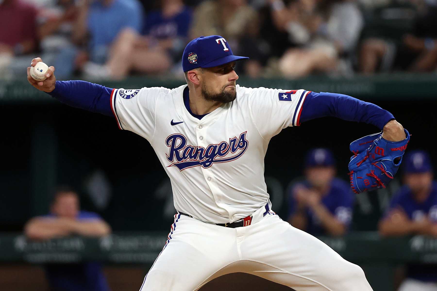 ARLINGTON, TEXAS - JUNE 03: Nathan Eovaldi #17 of the Texas Rangers pitches in the third inning against the Detroit Tigers at Globe Life Field on June 03, 2024 in Arlington, Texas. (Photo by Richard Rodriguez/Getty Images)