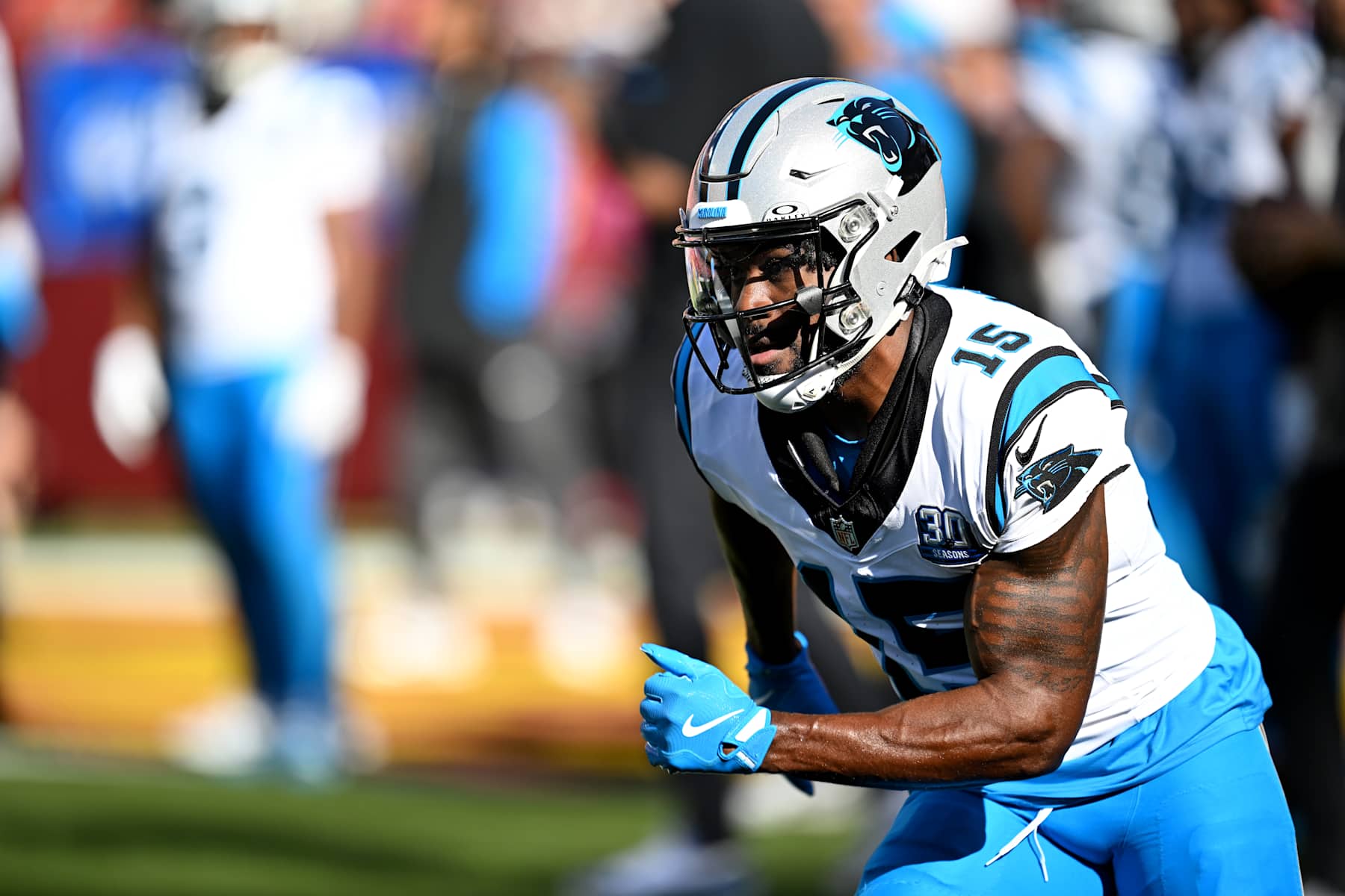 LANDOVER, MARYLAND - OCTOBER 20: Jonathan Mingo #15 of the Carolina Panthers warms up before the game against the Washington Commanders at Northwest Stadium on October 20, 2024 in Landover, Maryland. (Photo by G Fiume/Getty Images) LANDOVER, MARYLAND - OCTOBER 20: Jonathan Mingo #15 of the Carolina Panthers warms up before the game against the Washington Commanders at Northwest Stadium on October 20, 2024 in Landover, Maryland. (Photo by G Fiume/Getty Images)