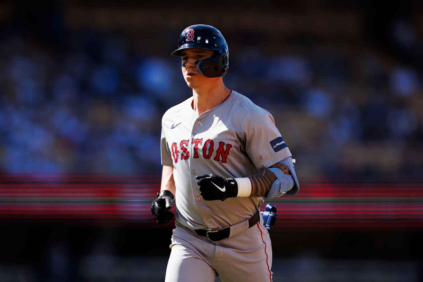 LOS ANGELES, CA - JULY 21: Boston Red Sox outfielder Tyler O'Neill (17) runs during an MLB baseball game against the Boston Red Sox and the Los Angeles Dodgers on July 21, 2024 at Dodger Stadium in Los Angeles, CA.(Photo by Ric Tapia/Icon Sportswire via Getty Images)