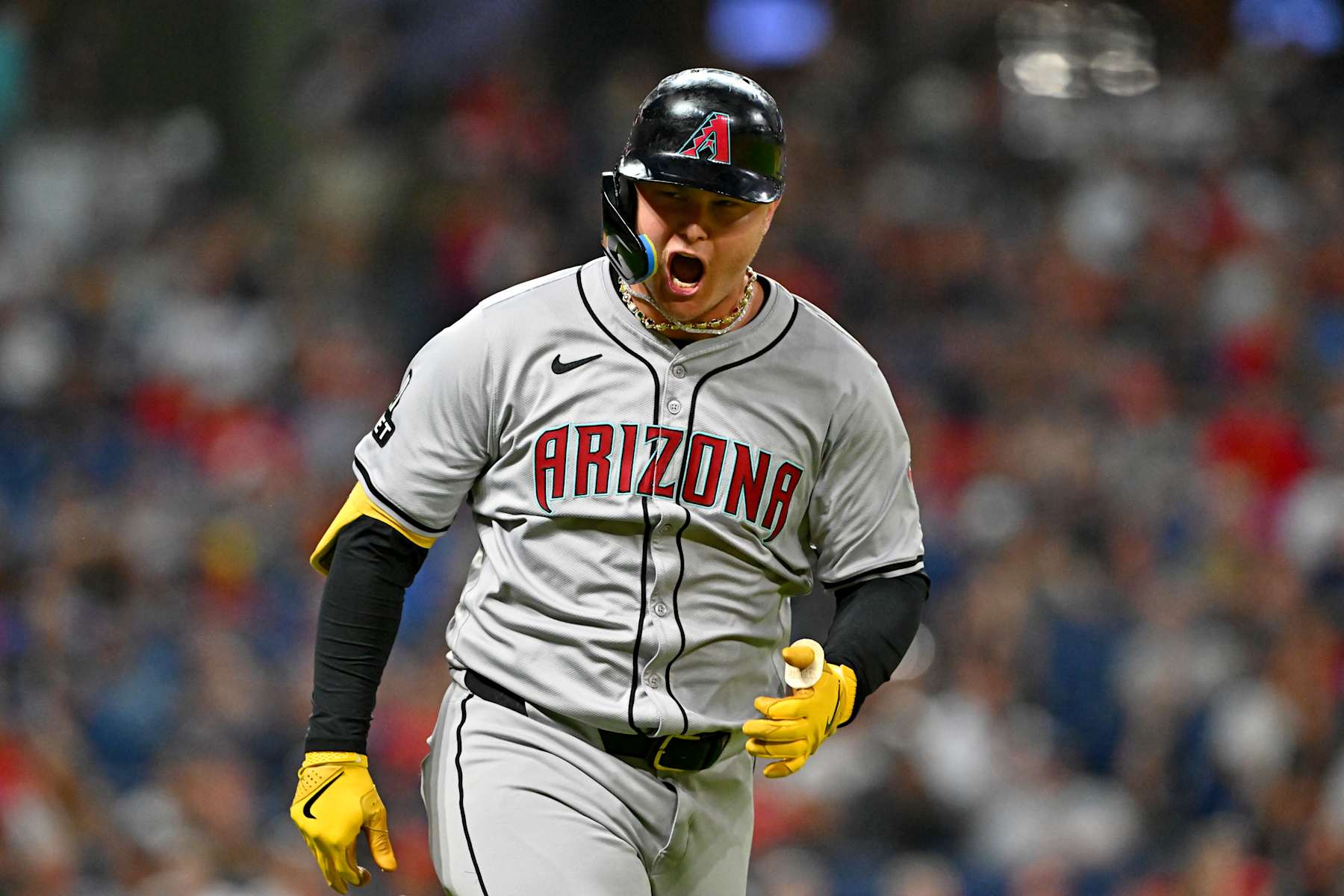 CLEVELAND, OHIO - AUGUST 05: Joc Pederson #3 of the Arizona Diamondbacks celebrates on the base paths his two-run home run in the eighth inning against the Cleveland Guardians at Progressive Field on August 05, 2024 in Cleveland, Ohio. (Photo by Jason Miller/Getty Images)